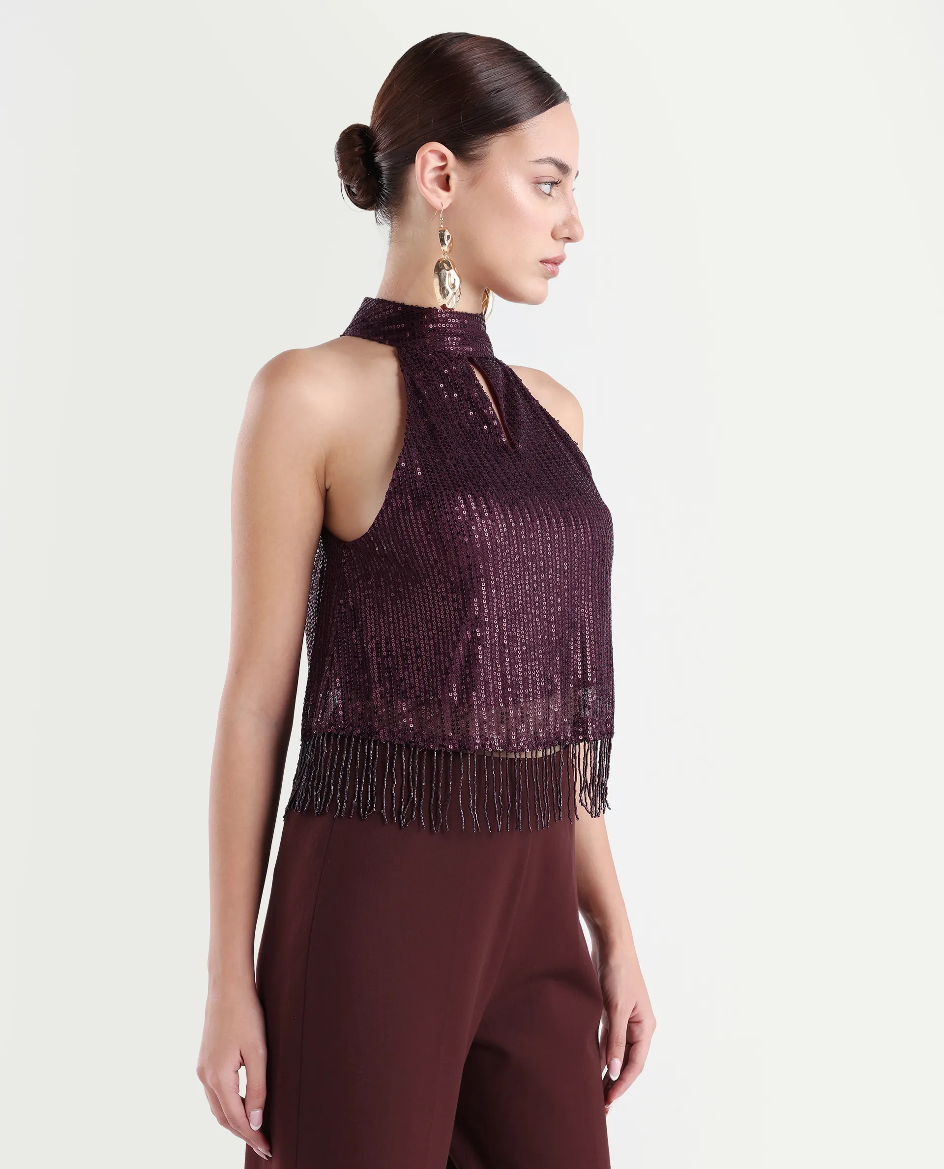 Rareism Women's Lovia Maroon Nylon Halter Neck Sequined Sleeveless Regular Fit Top - Image 6