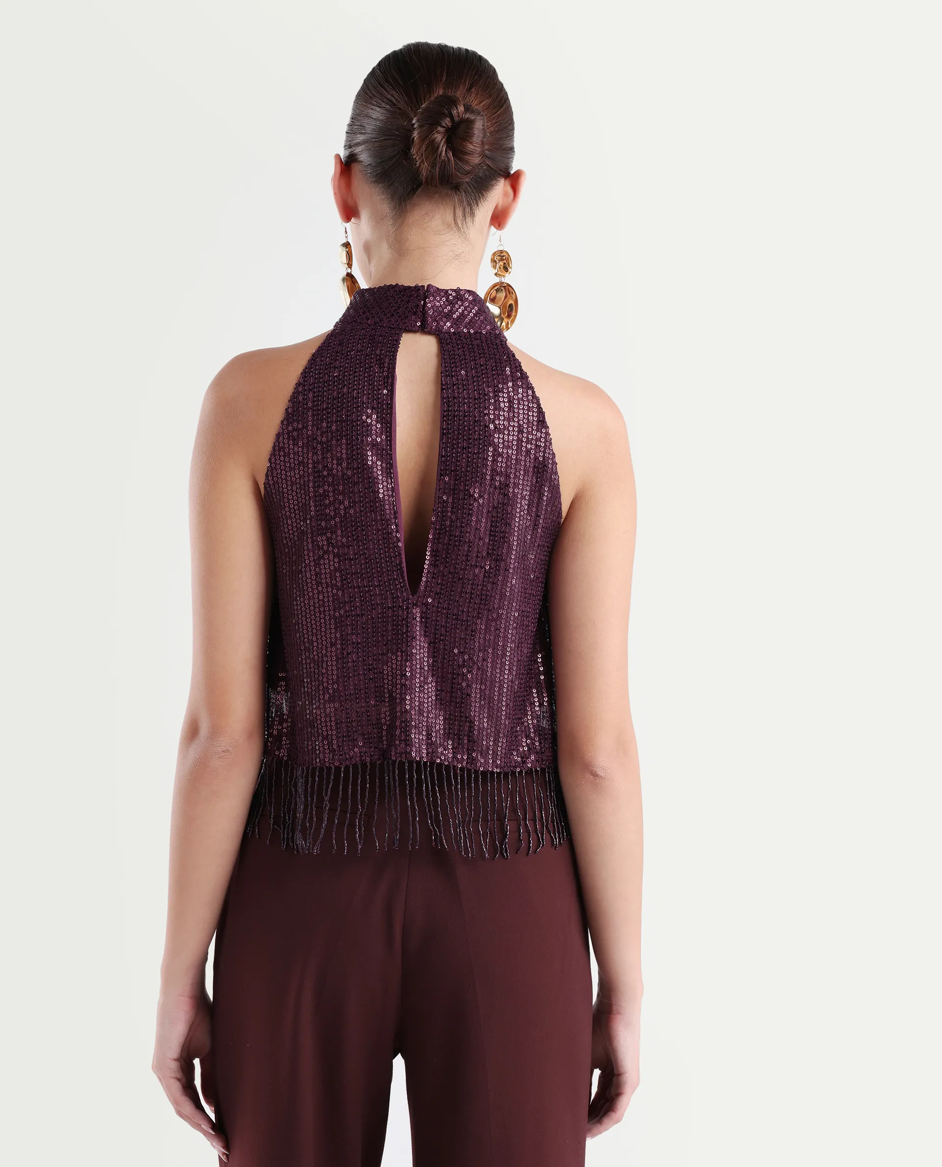 Rareism Women's Lovia Maroon Nylon Halter Neck Sequined Sleeveless Regular Fit Top - Image 7