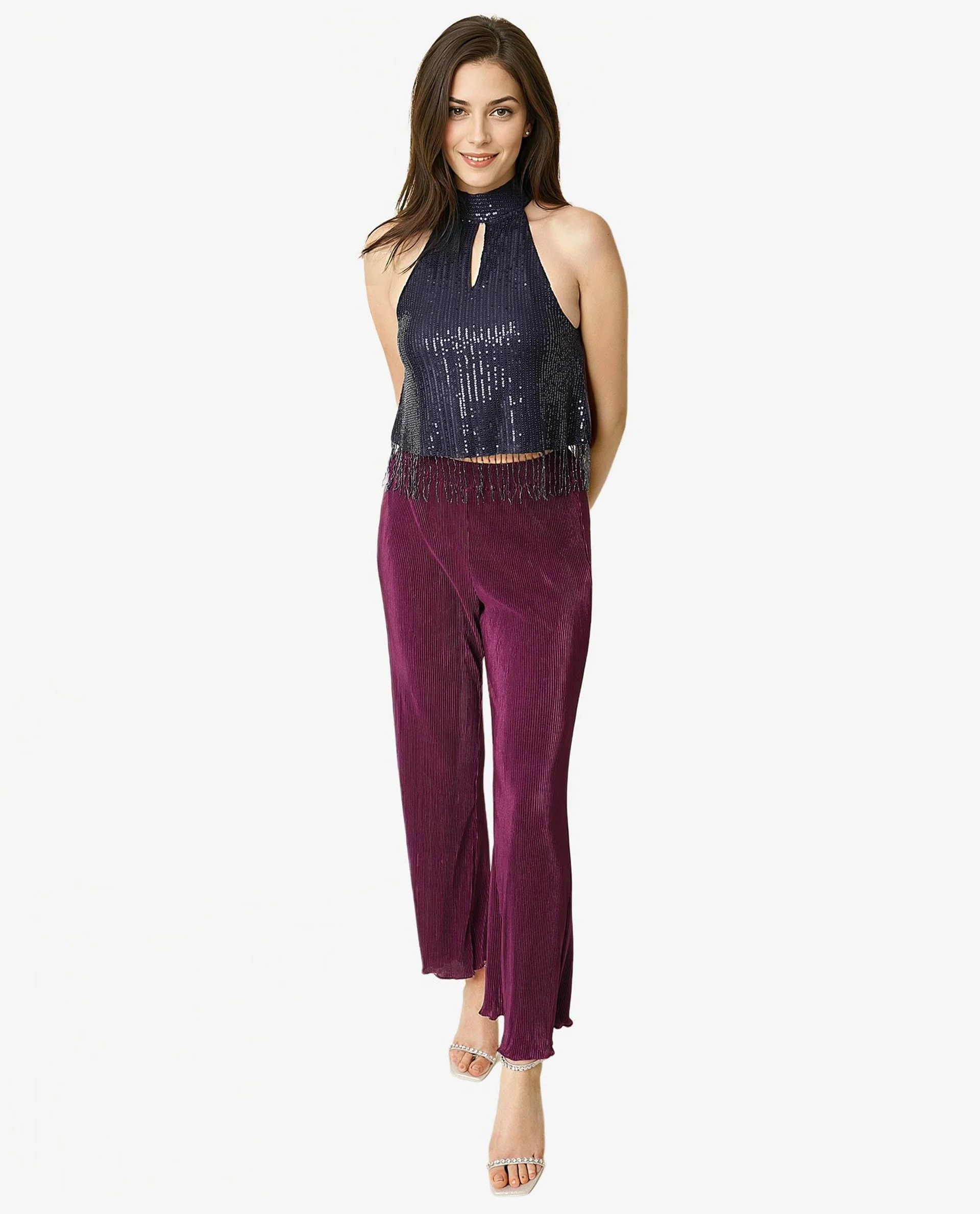 Rareism Women's Lovia Navy Nylon Halter Neck Sequined Sleeveless Regular Fit Top - Image 2