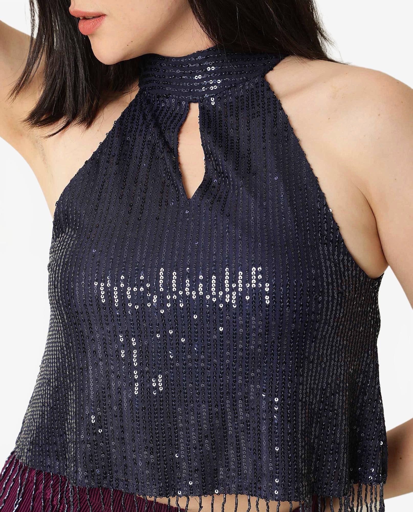 Rareism Women's Lovia Navy Nylon Halter Neck Sequined Sleeveless Regular Fit Top - Image 3