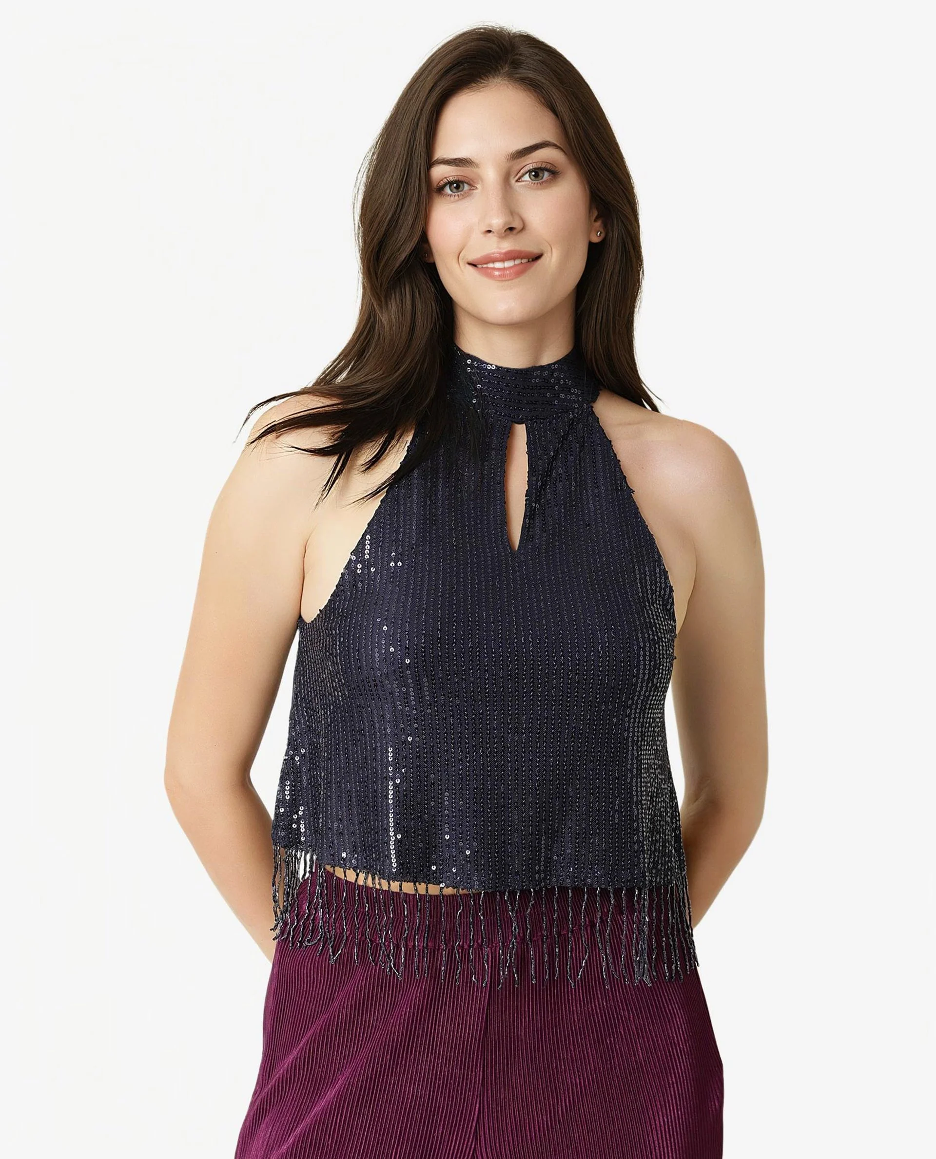 Rareism Women's Lovia Navy Nylon Halter Neck Sequined Sleeveless Regular Fit Top - Image 4