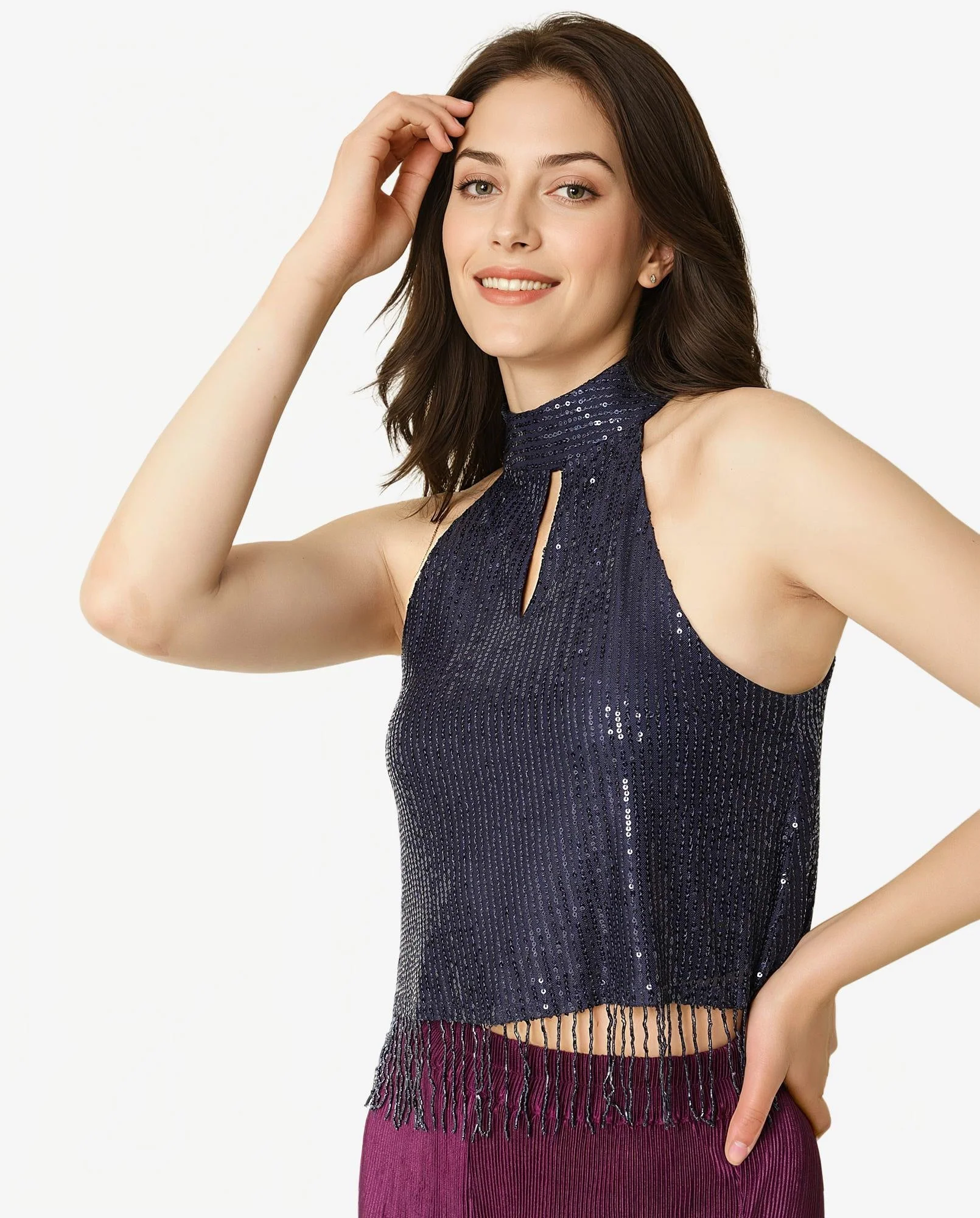 Rareism Women's Lovia Navy Nylon Halter Neck Sequined Sleeveless Regular Fit Top - Image 5