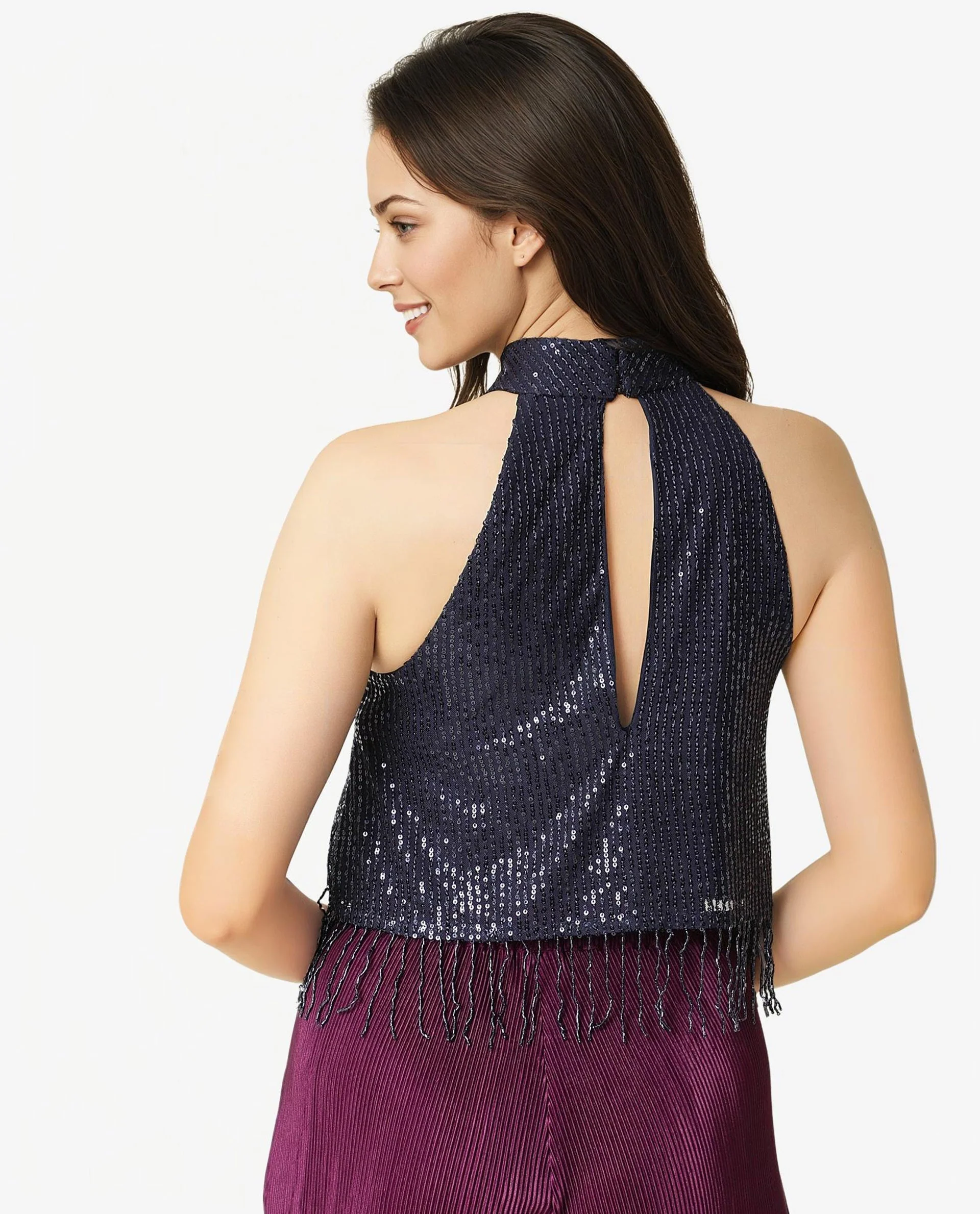 Rareism Women's Lovia Navy Nylon Halter Neck Sequined Sleeveless Regular Fit Top - Image 6