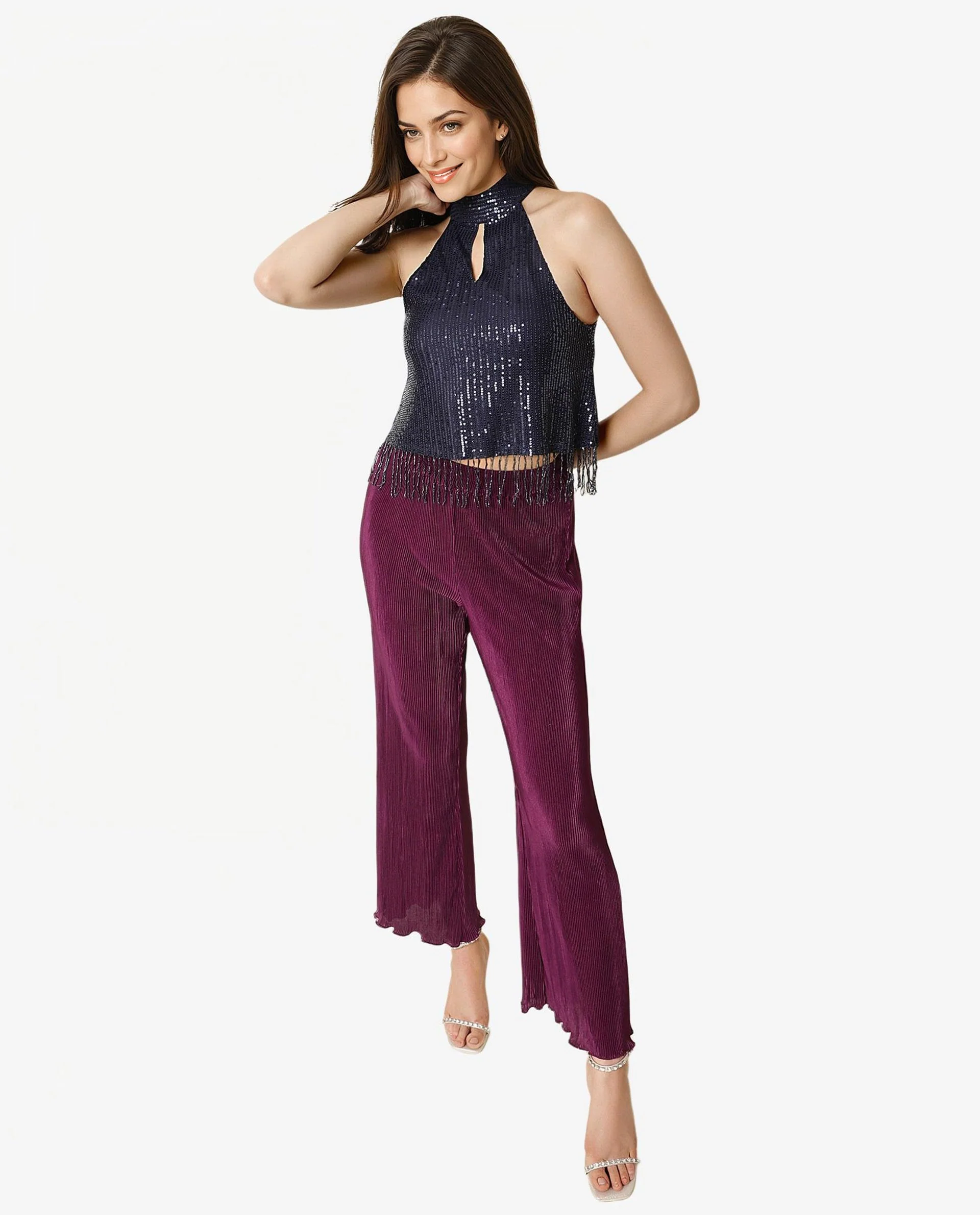 Rareism Women's Lovia Navy Nylon Halter Neck Sequined Sleeveless Regular Fit Top - Image 7