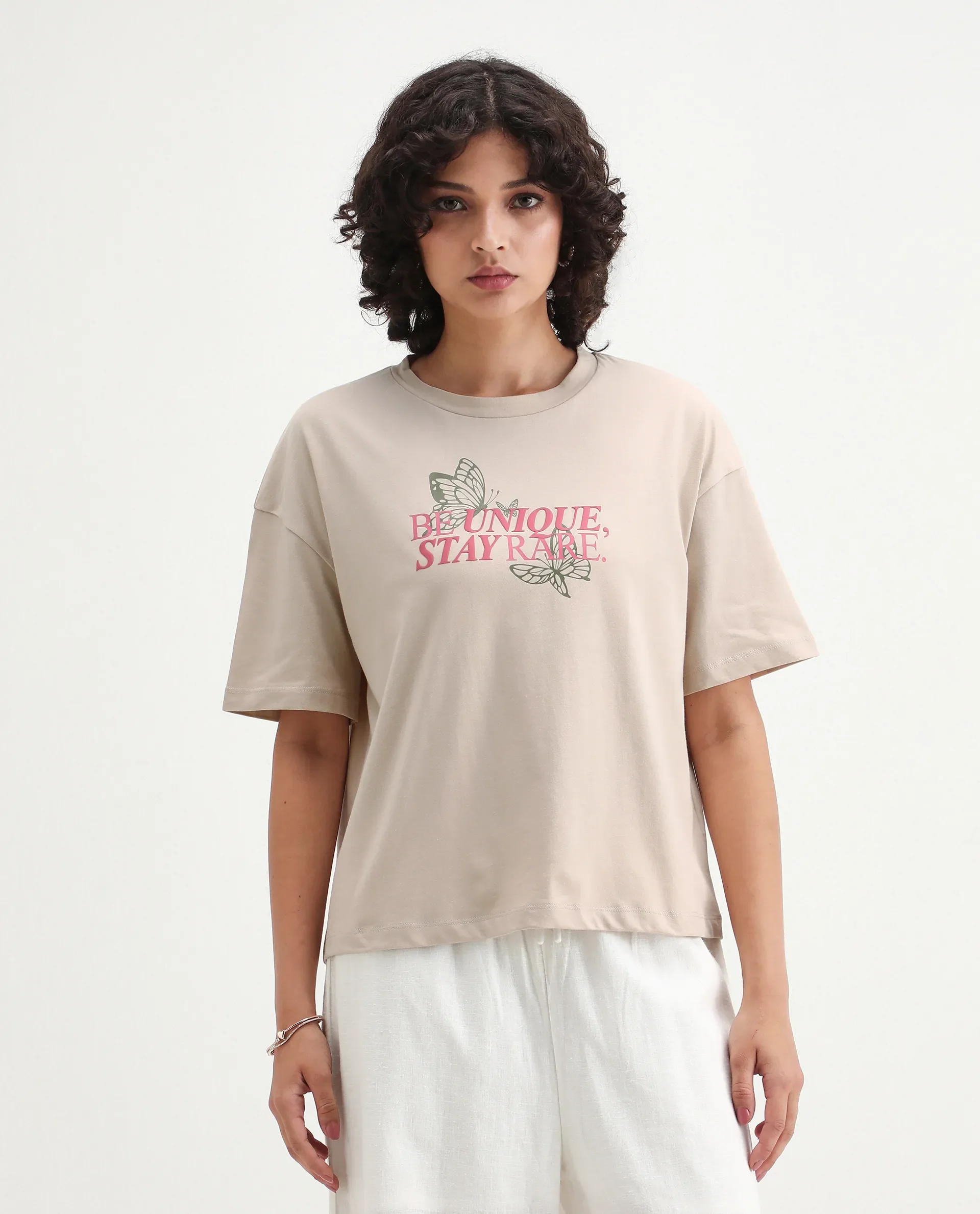 Rareism Women's Lowe Beige Cotton Blend Crew Neck Graphic Print Regular Fit T-Shirt - Image 3