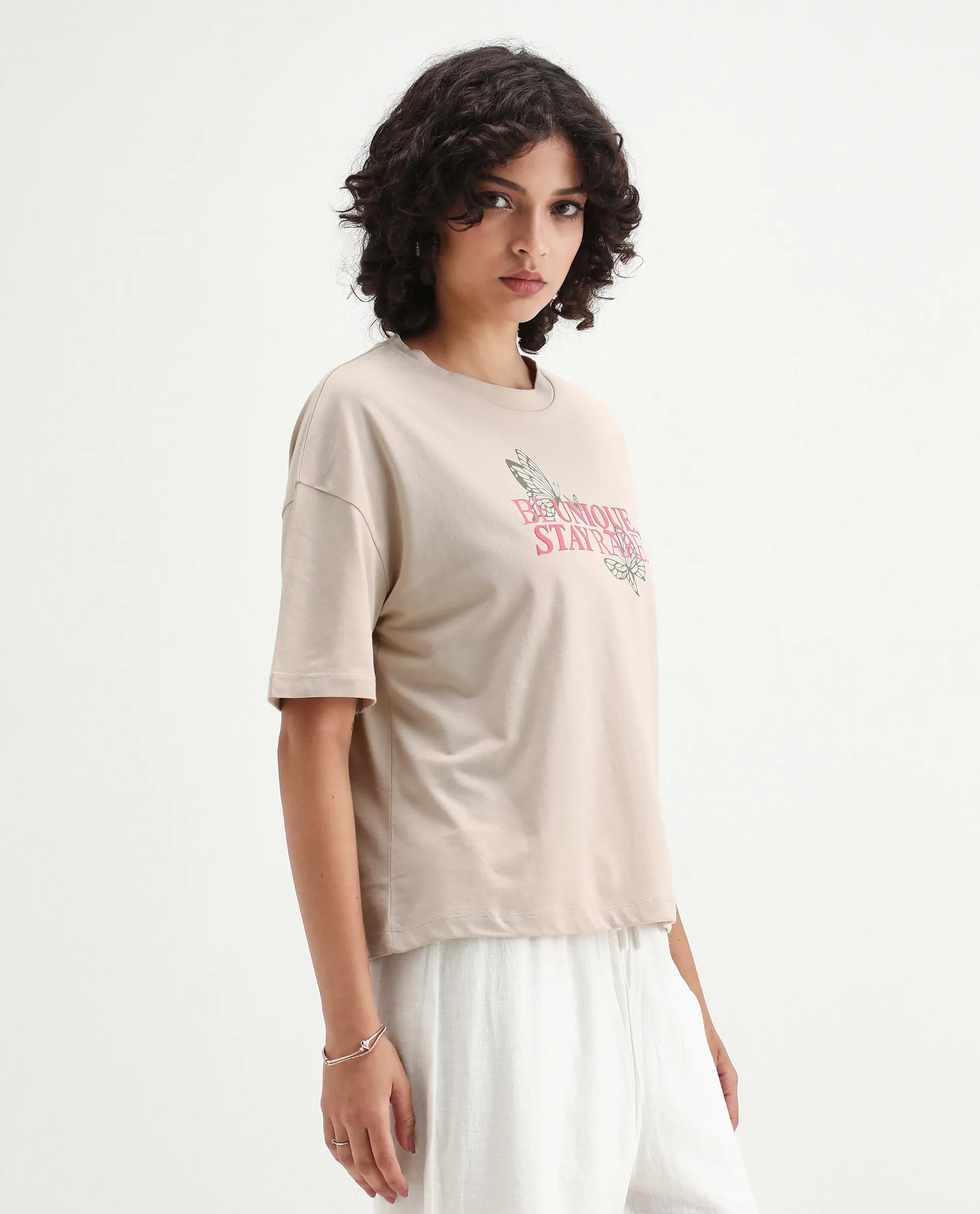 Rareism Women's Lowe Beige Cotton Blend Crew Neck Graphic Print Regular Fit T-Shirt - Image 4