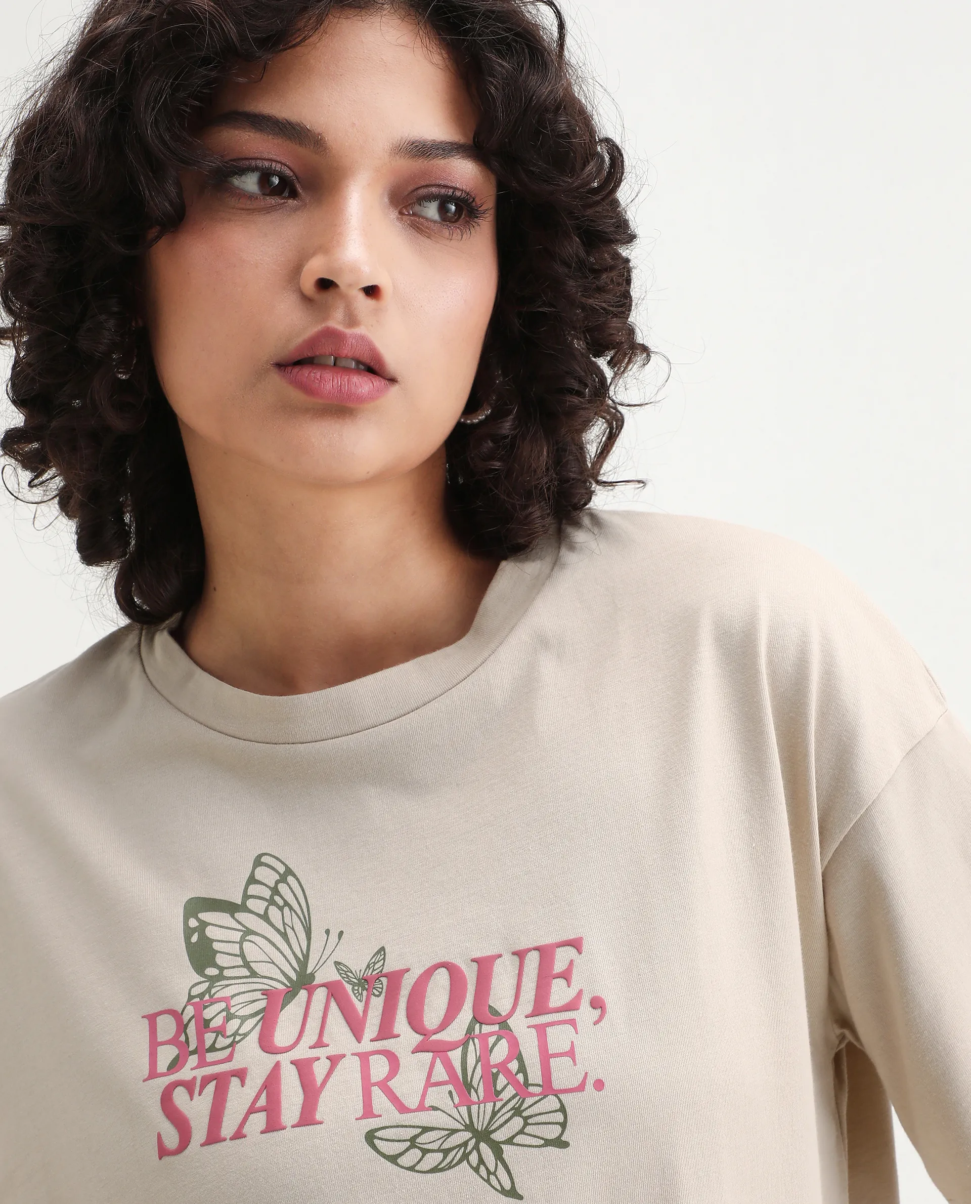Rareism Women's Lowe Beige Cotton Blend Crew Neck Graphic Print Regular Fit T-Shirt - Image 6
