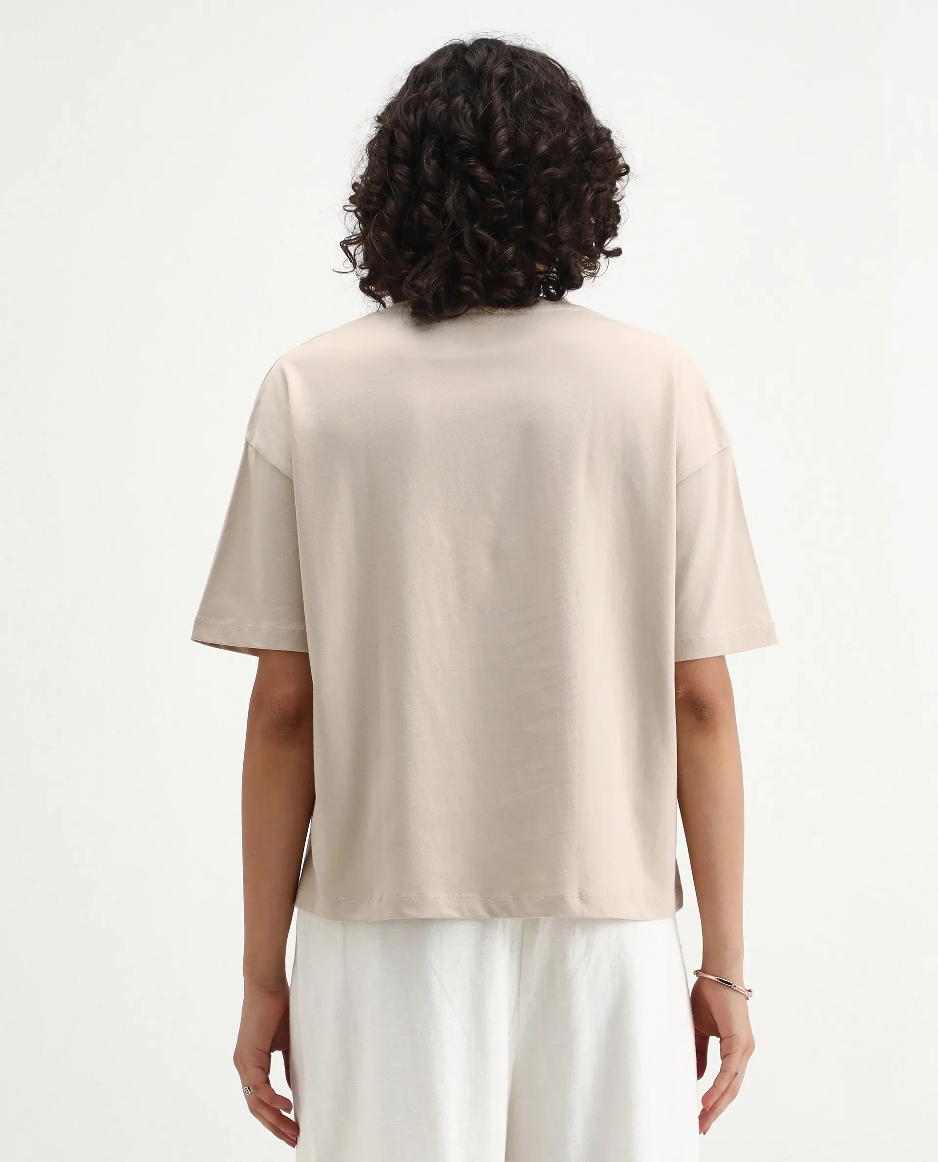 Rareism Women's Lowe Beige Cotton Blend Crew Neck Graphic Print Regular Fit T-Shirt - Image 7