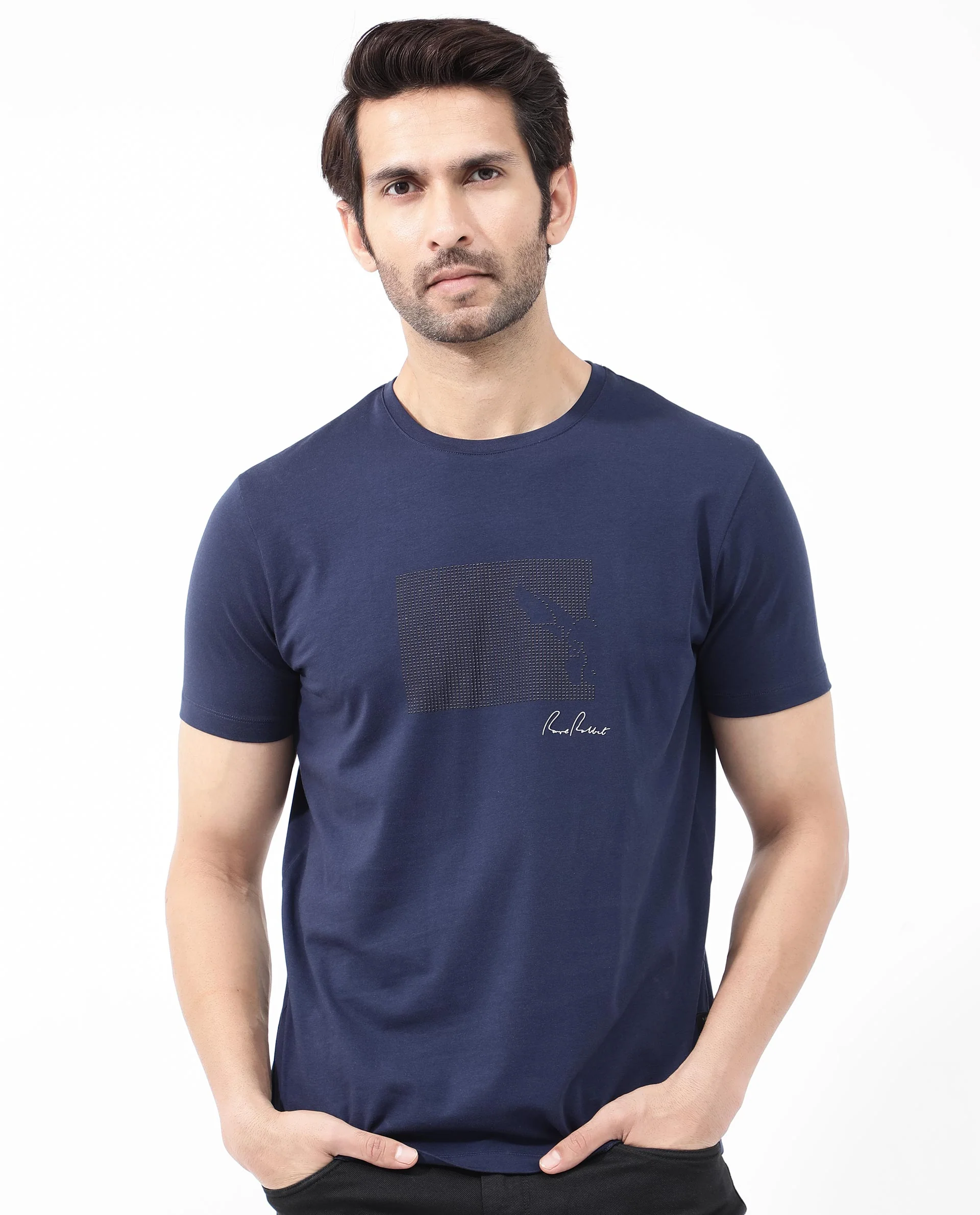 Rare Rabbit Articale Mens Lowell Navy Cotton Polyester Fabric Short Sleeve Crew Neck Regular Fit Graphic Printed T-Shirt - Image 3