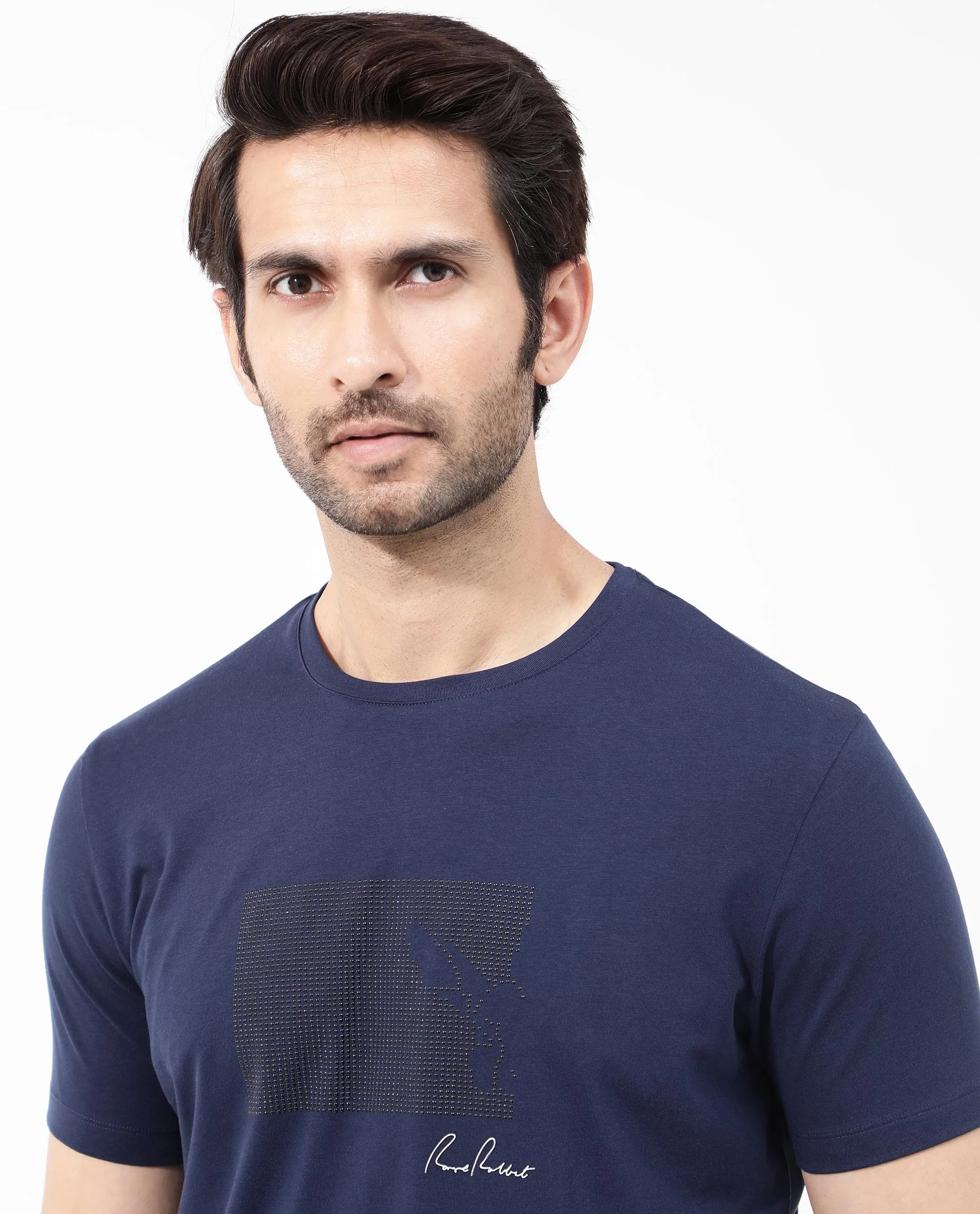 Rare Rabbit Articale Mens Lowell Navy Cotton Polyester Fabric Short Sleeve Crew Neck Regular Fit Graphic Printed T-Shirt - Image 4