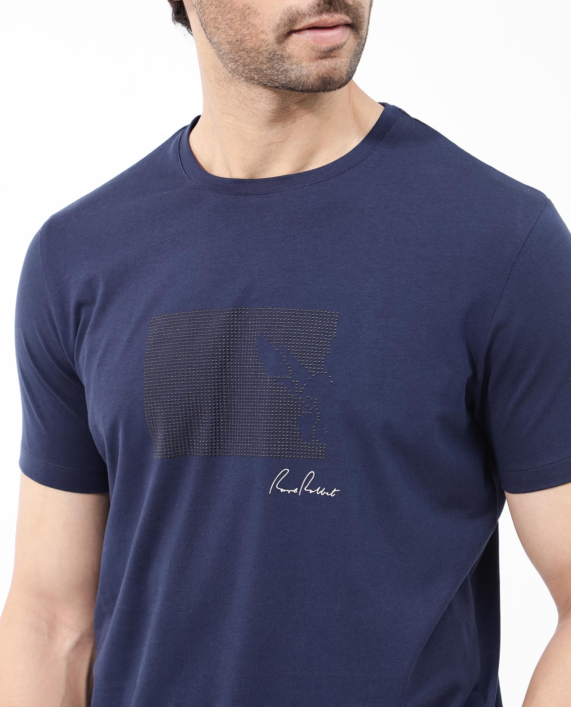 Rare Rabbit Articale Mens Lowell Navy Cotton Polyester Fabric Short Sleeve Crew Neck Regular Fit Graphic Printed T-Shirt - Image 5