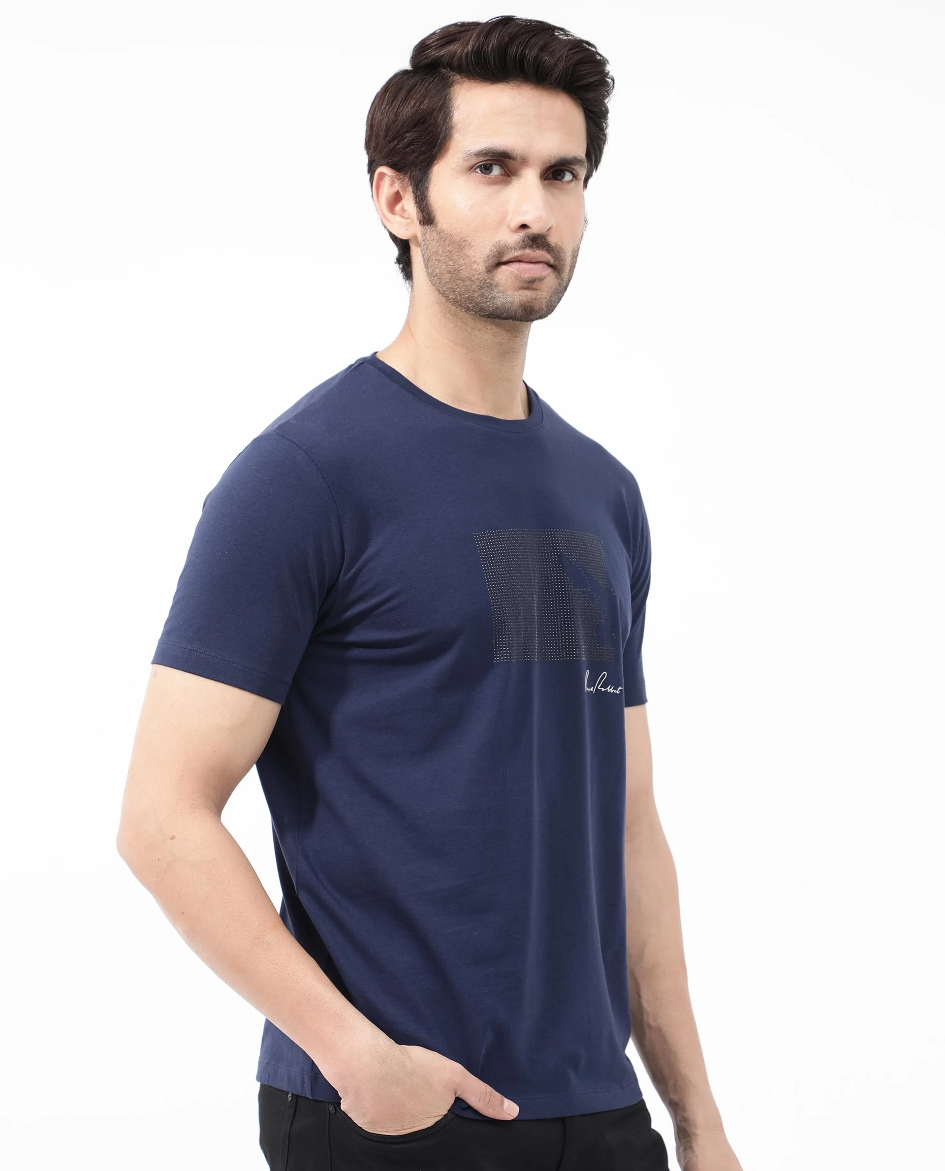 Rare Rabbit Articale Mens Lowell Navy Cotton Polyester Fabric Short Sleeve Crew Neck Regular Fit Graphic Printed T-Shirt - Image 7