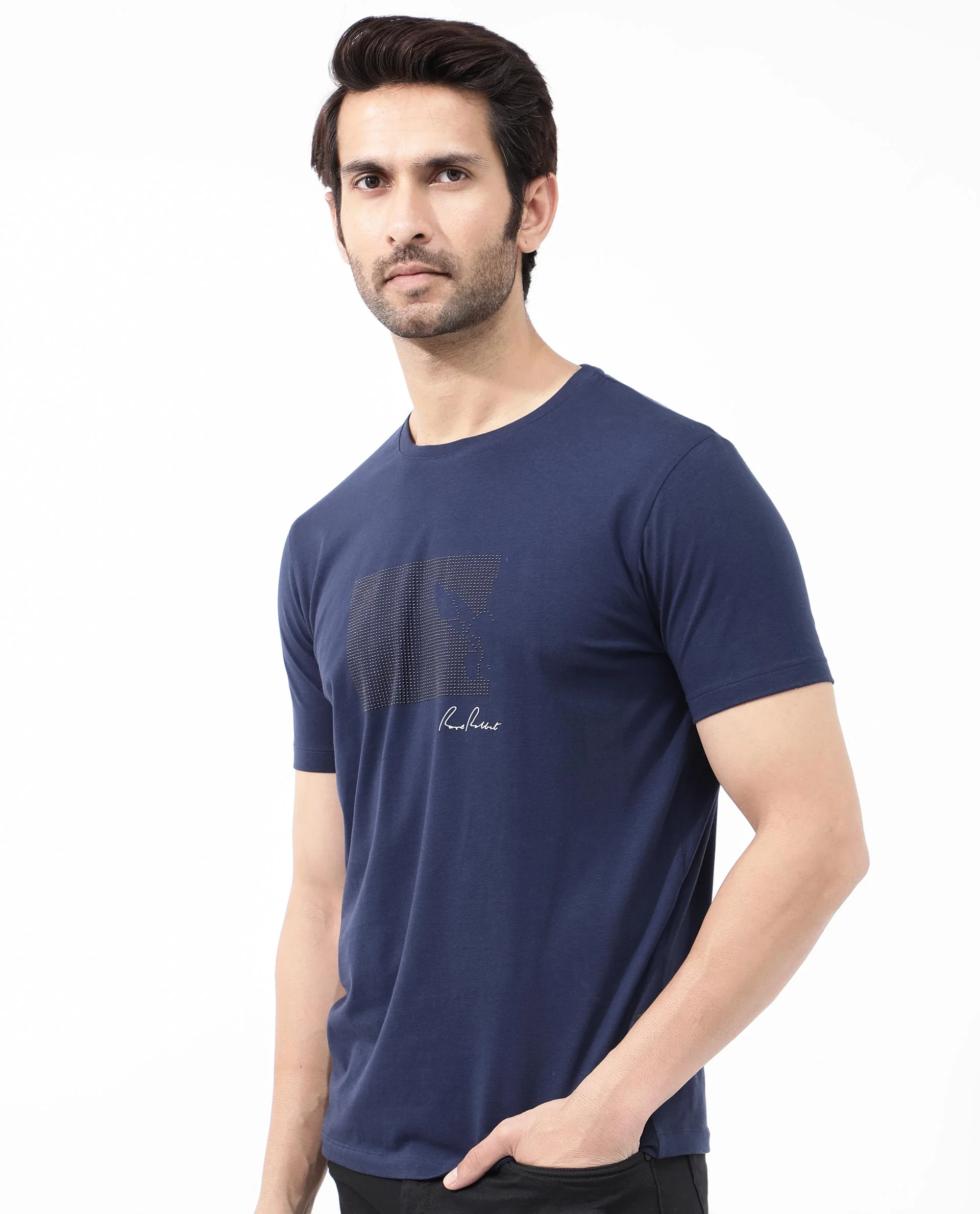 Rare Rabbit Articale Mens Lowell Navy Cotton Polyester Fabric Short Sleeve Crew Neck Regular Fit Graphic Printed T-Shirt - Image 8