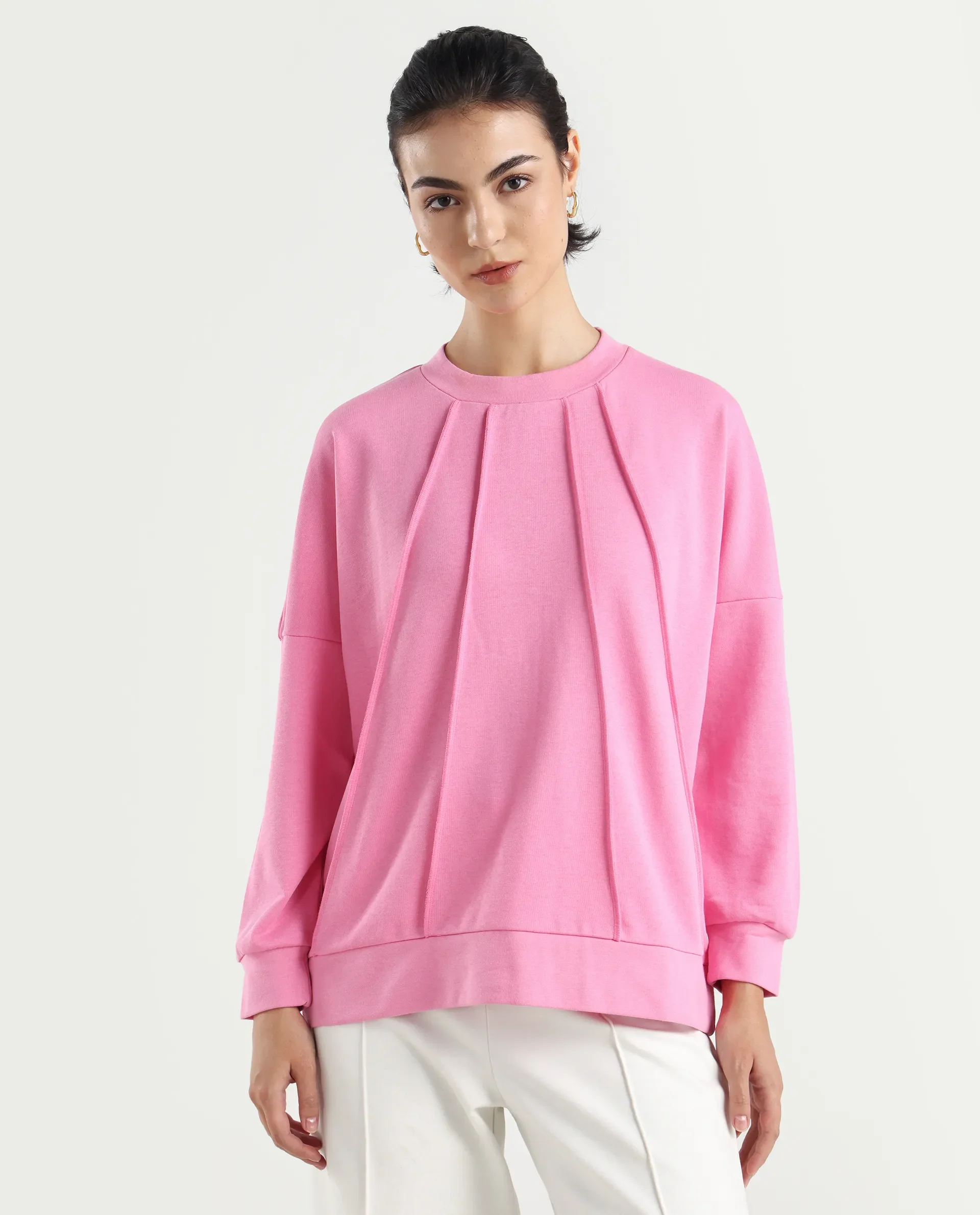 Rareism Women's Lowkey Dark Pink Cotton Blend Crew Neck Plain Relaxed Fit Sweatshirt - Image 3