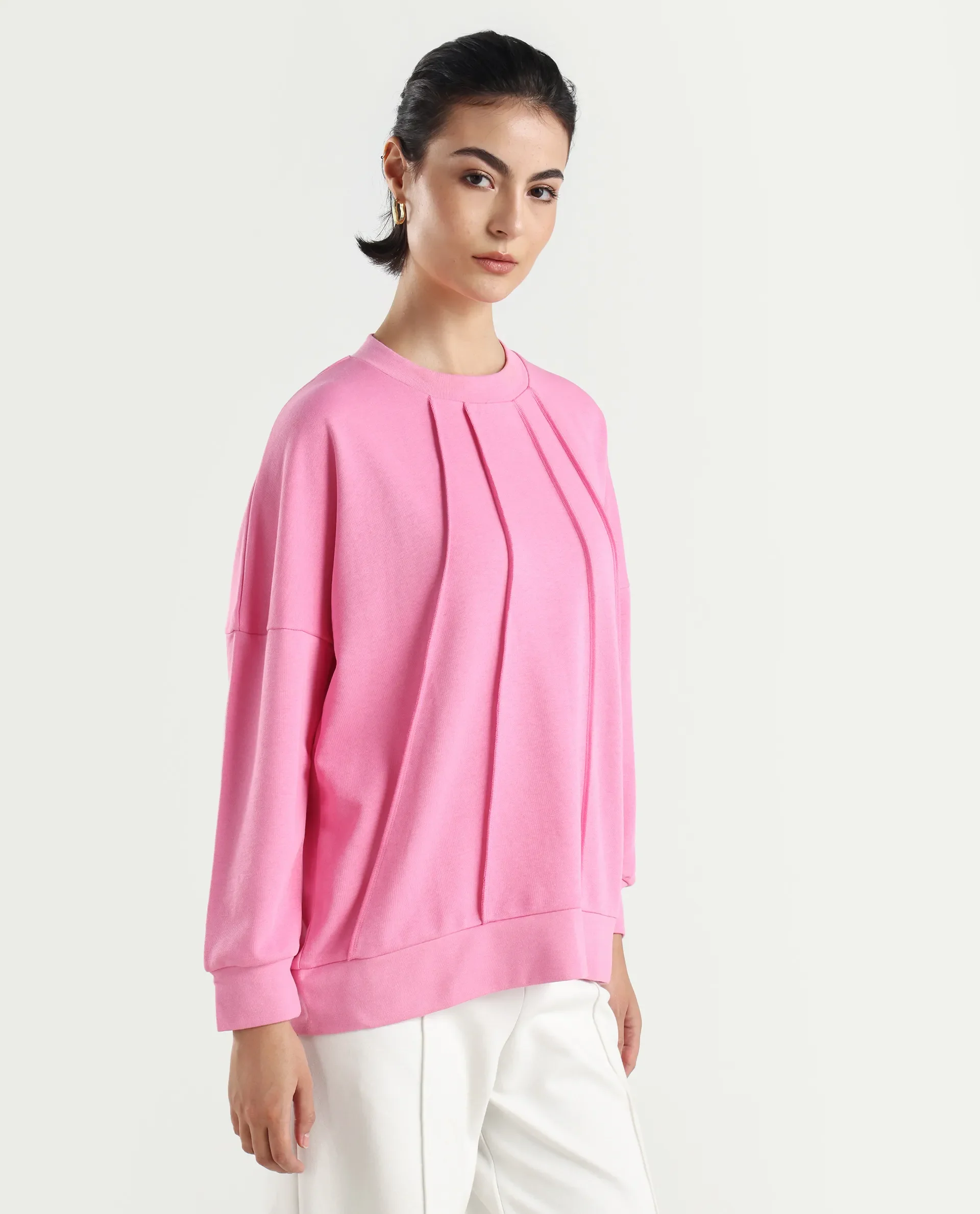 Rareism Women's Lowkey Dark Pink Cotton Blend Crew Neck Plain Relaxed Fit Sweatshirt - Image 6