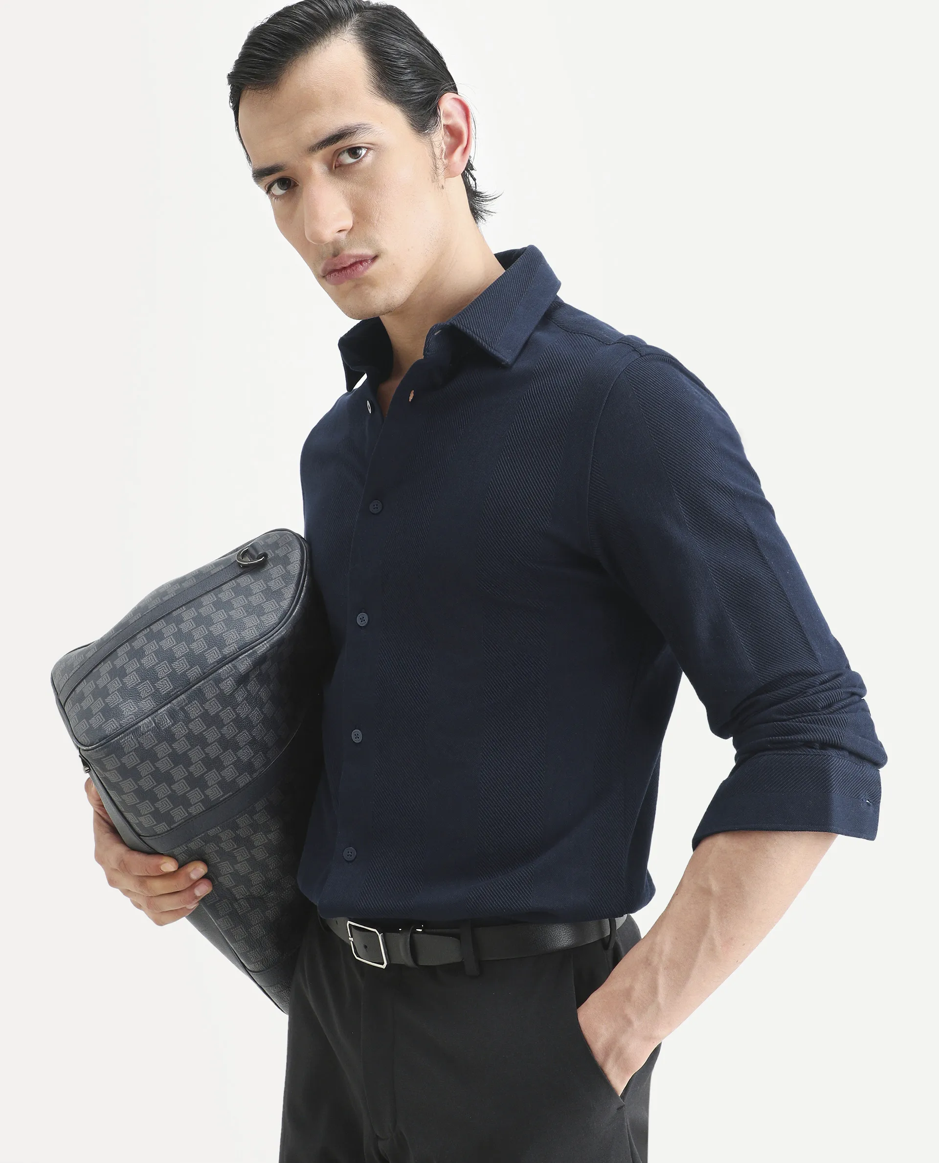 Rare Rabbit Men's Loxa Dark Navy Cotton Striped Print Regular Fit Full Sleeve Collared Shirt