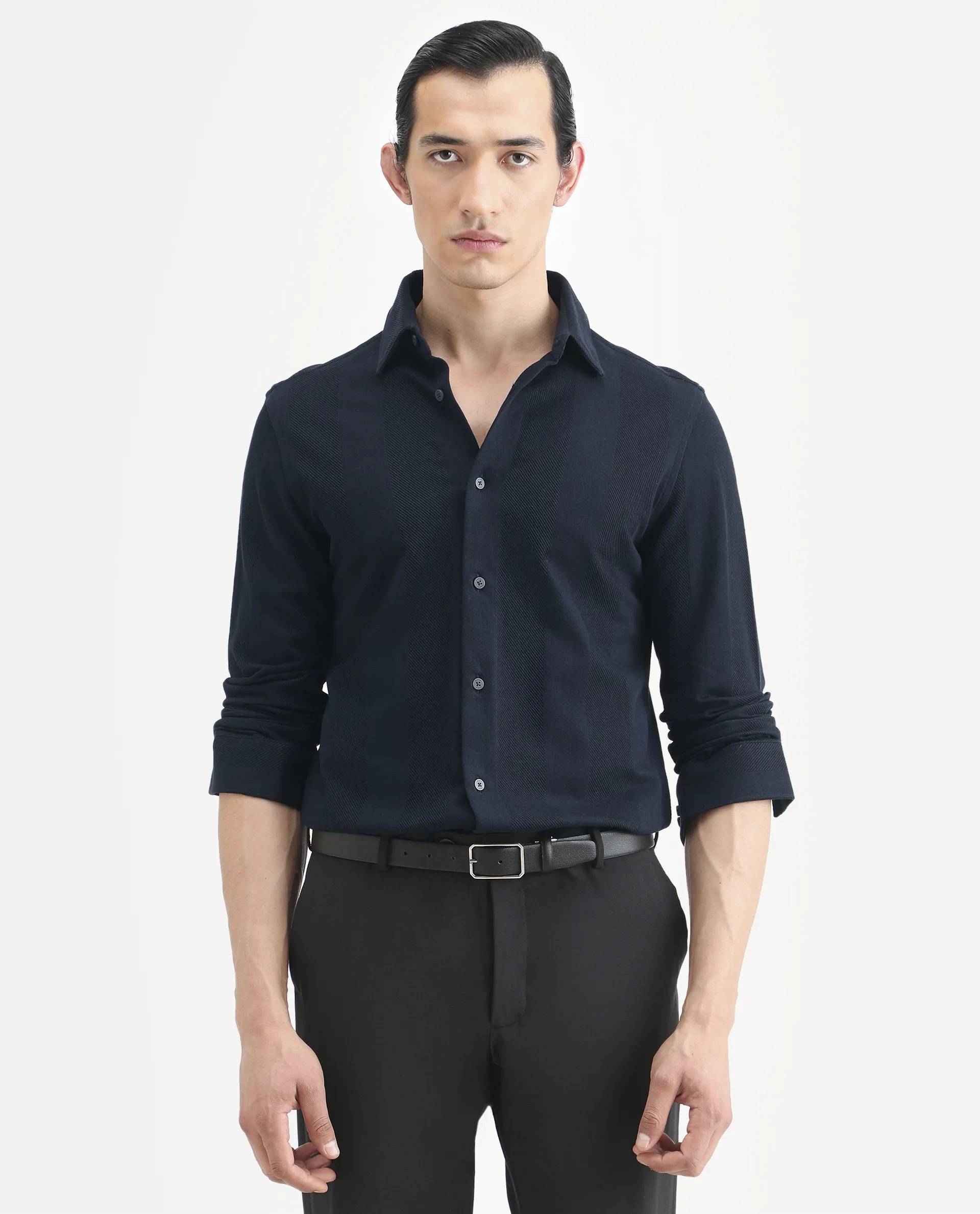 Rare Rabbit Men's Loxa Dark Navy Cotton Striped Print Regular Fit Full Sleeve Collared Shirt - Image 2