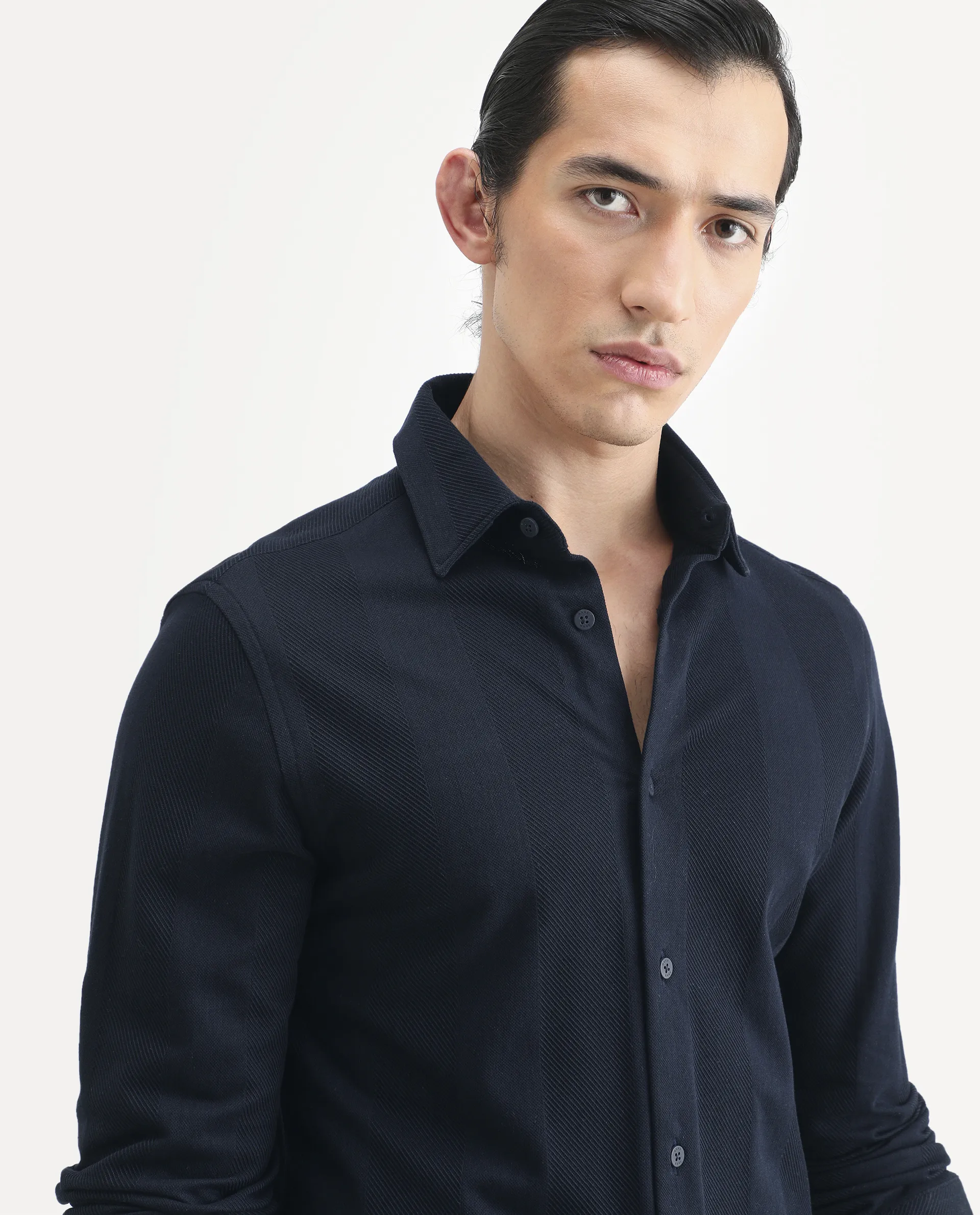 Rare Rabbit Men's Loxa Dark Navy Cotton Striped Print Regular Fit Full Sleeve Collared Shirt - Image 3
