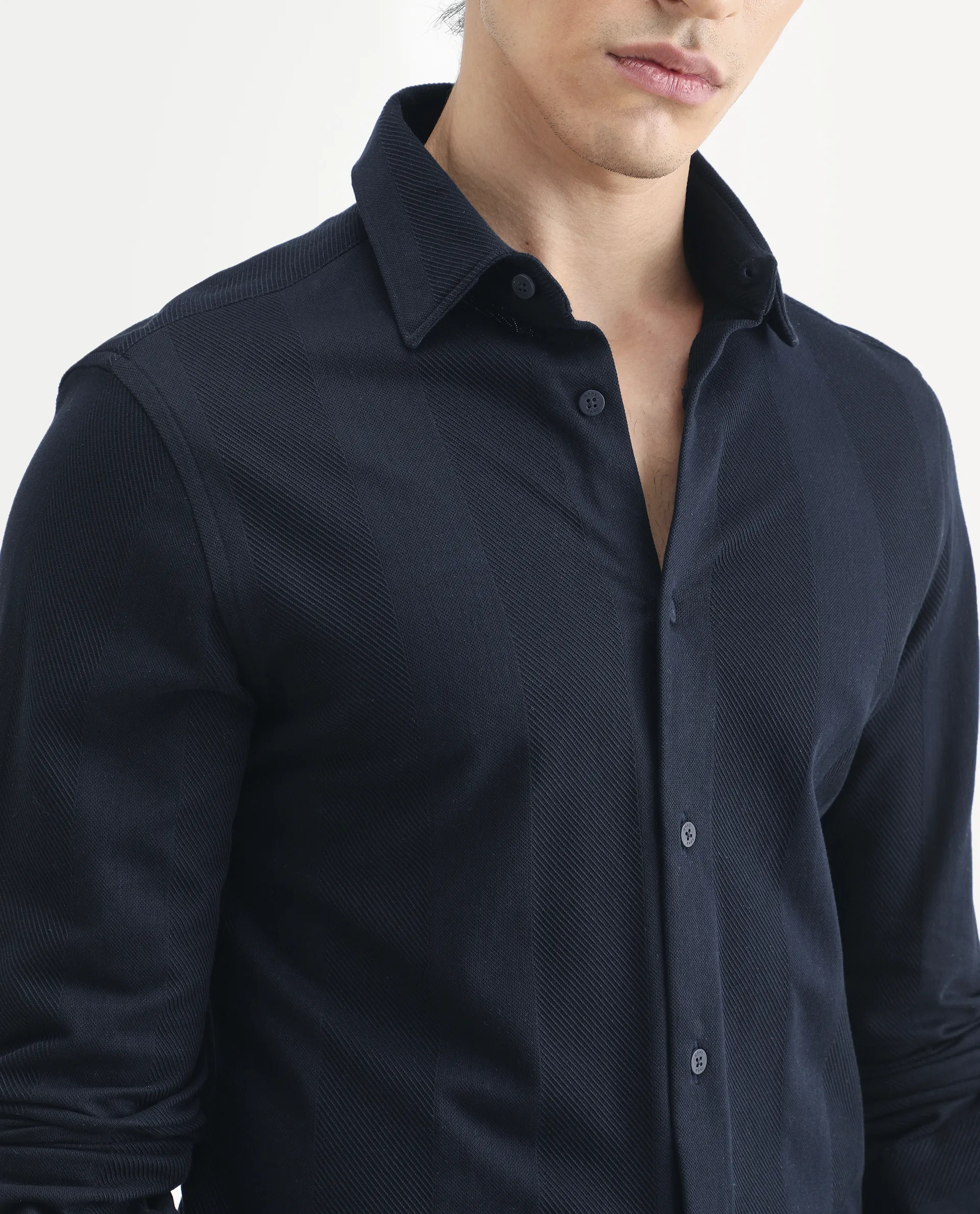 Rare Rabbit Men's Loxa Dark Navy Cotton Striped Print Regular Fit Full Sleeve Collared Shirt - Image 4