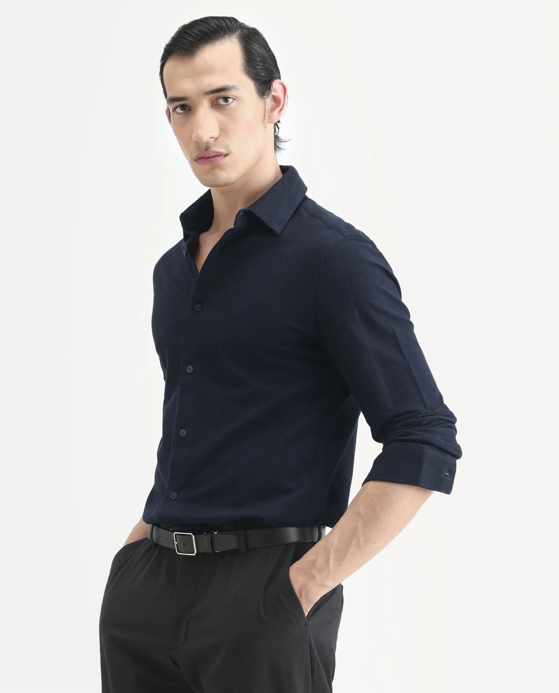 Rare Rabbit Men's Loxa Dark Navy Cotton Striped Print Regular Fit Full Sleeve Collared Shirt - Image 5