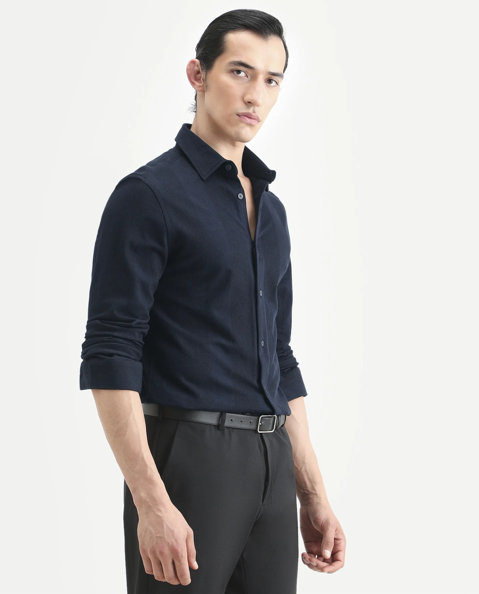 Rare Rabbit Men's Loxa Dark Navy Cotton Striped Print Regular Fit Full Sleeve Collared Shirt - Image 6