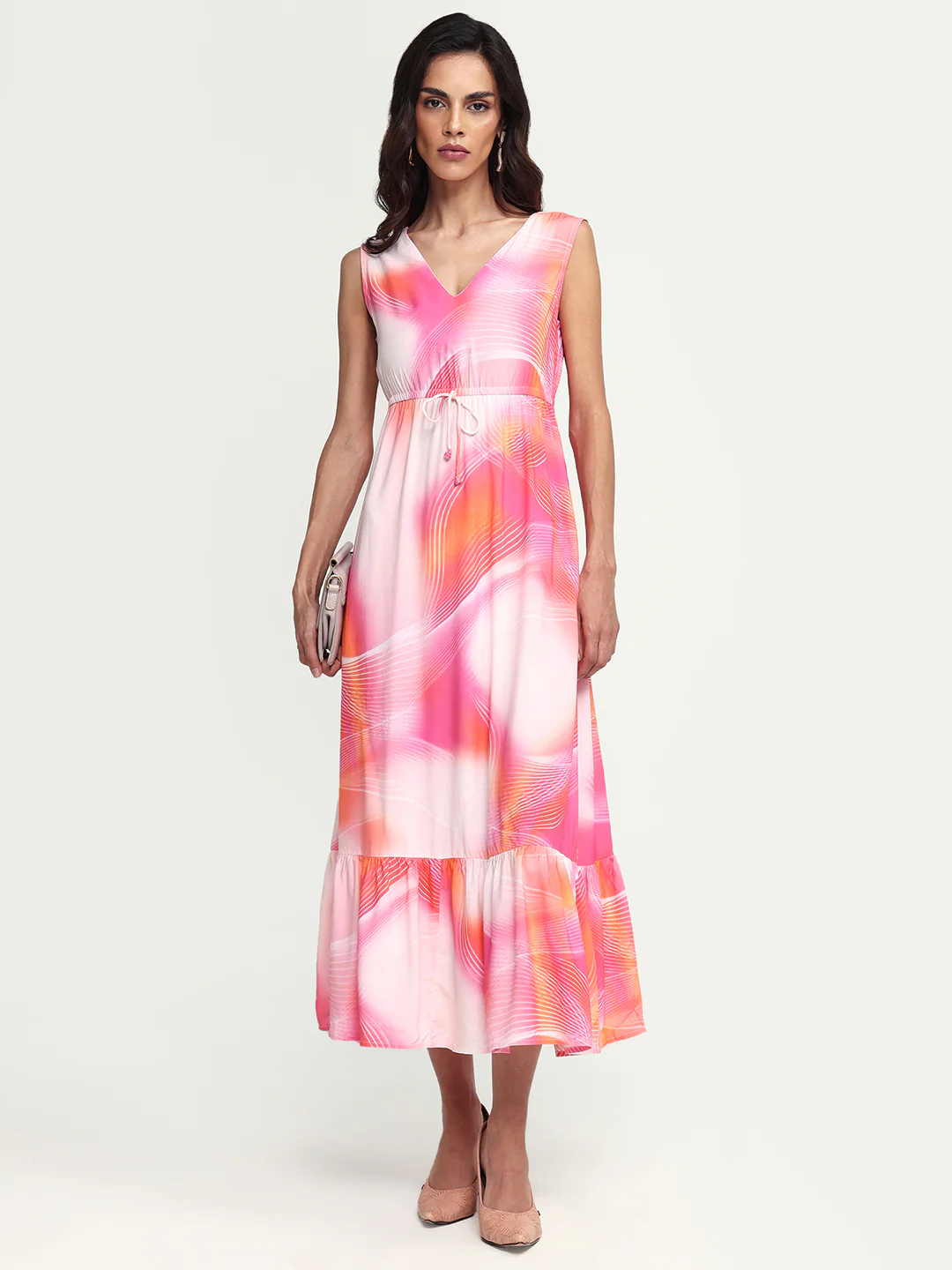 Rareism Women's Luanda Multi Viscose V-Neck Abstract Print Sleeveless Maxi Fit And Flare Dress
