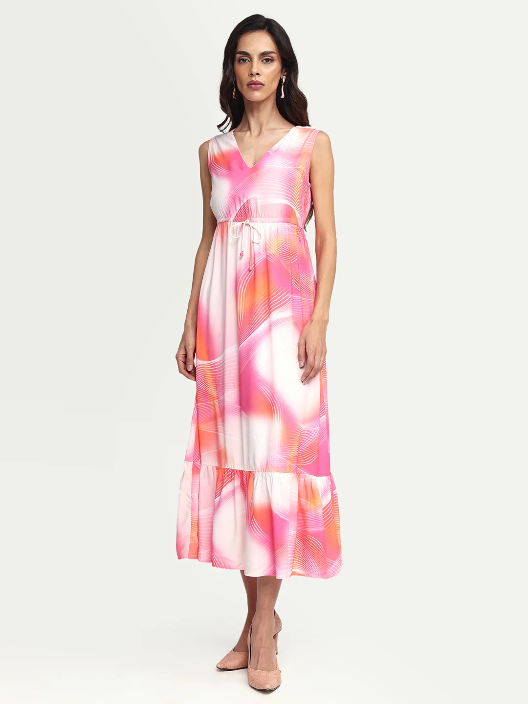 Rareism Women's Luanda Multi Viscose V-Neck Abstract Print Sleeveless Maxi Fit And Flare Dress - Image 3