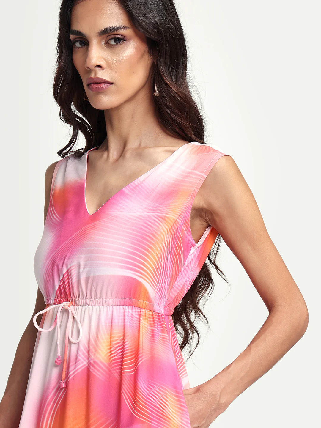Rareism Women's Luanda Multi Viscose V-Neck Abstract Print Sleeveless Maxi Fit And Flare Dress - Image 4