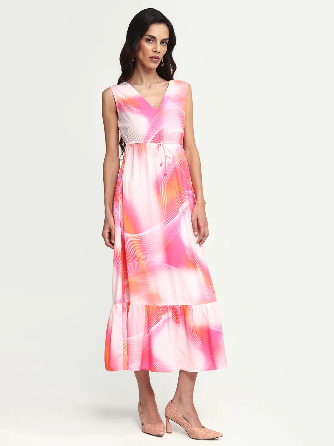 Rareism Women's Luanda Multi Viscose V-Neck Abstract Print Sleeveless Maxi Fit And Flare Dress - Image 5