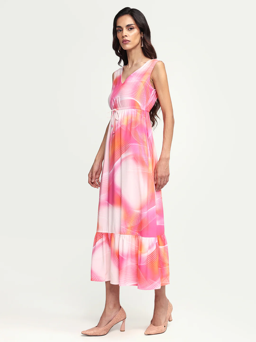 Rareism Women's Luanda Multi Viscose V-Neck Abstract Print Sleeveless Maxi Fit And Flare Dress - Image 6