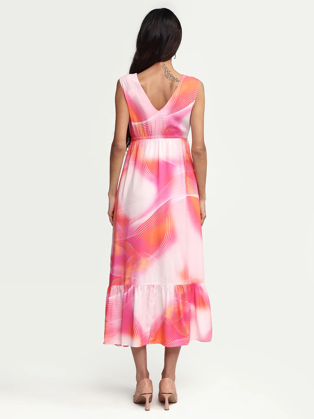 Rareism Women's Luanda Multi Viscose V-Neck Abstract Print Sleeveless Maxi Fit And Flare Dress - Image 7