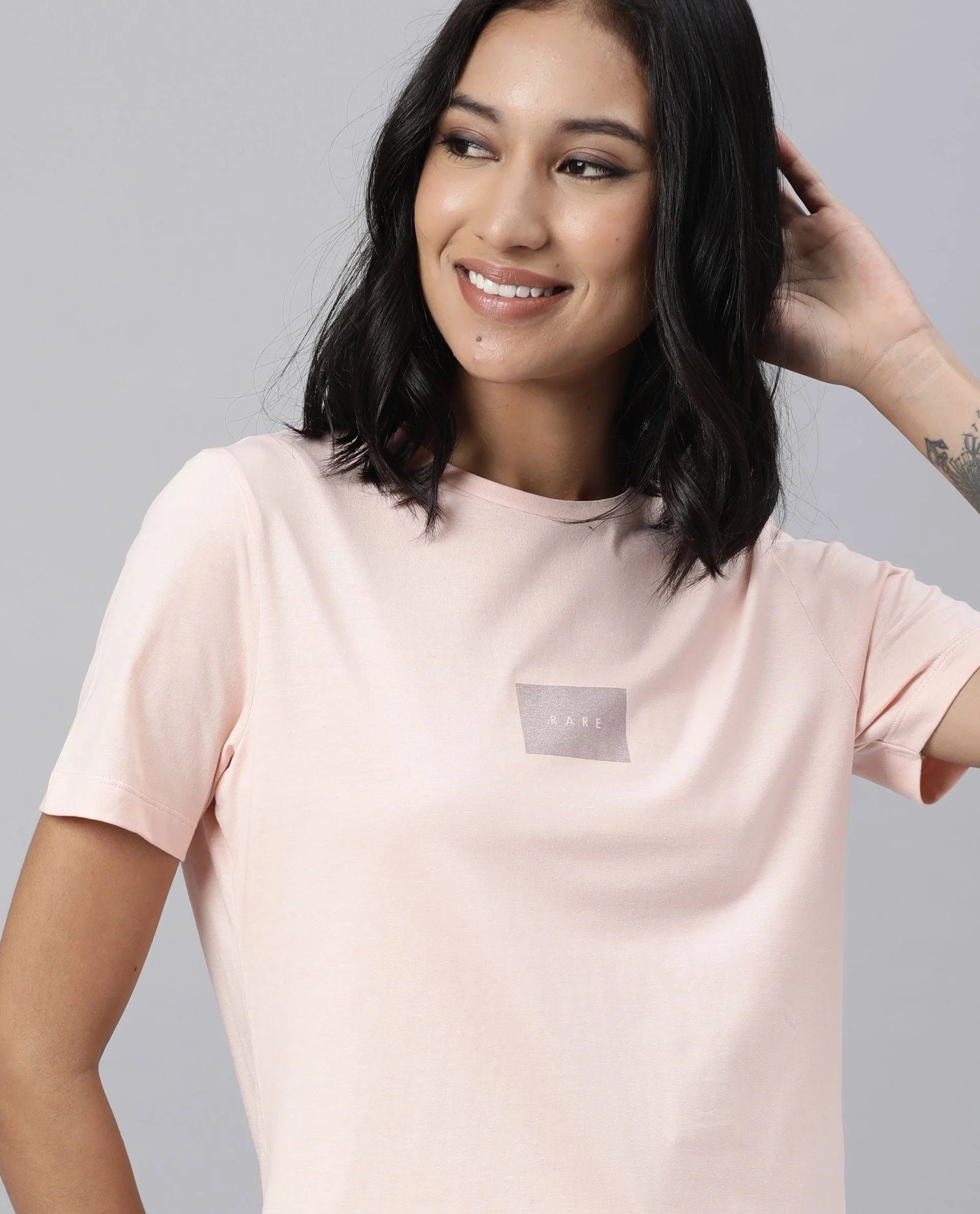 Rareism Women's Luani Peach Cotton Crew Neck Graphic Print Regular Fit T-Shirt