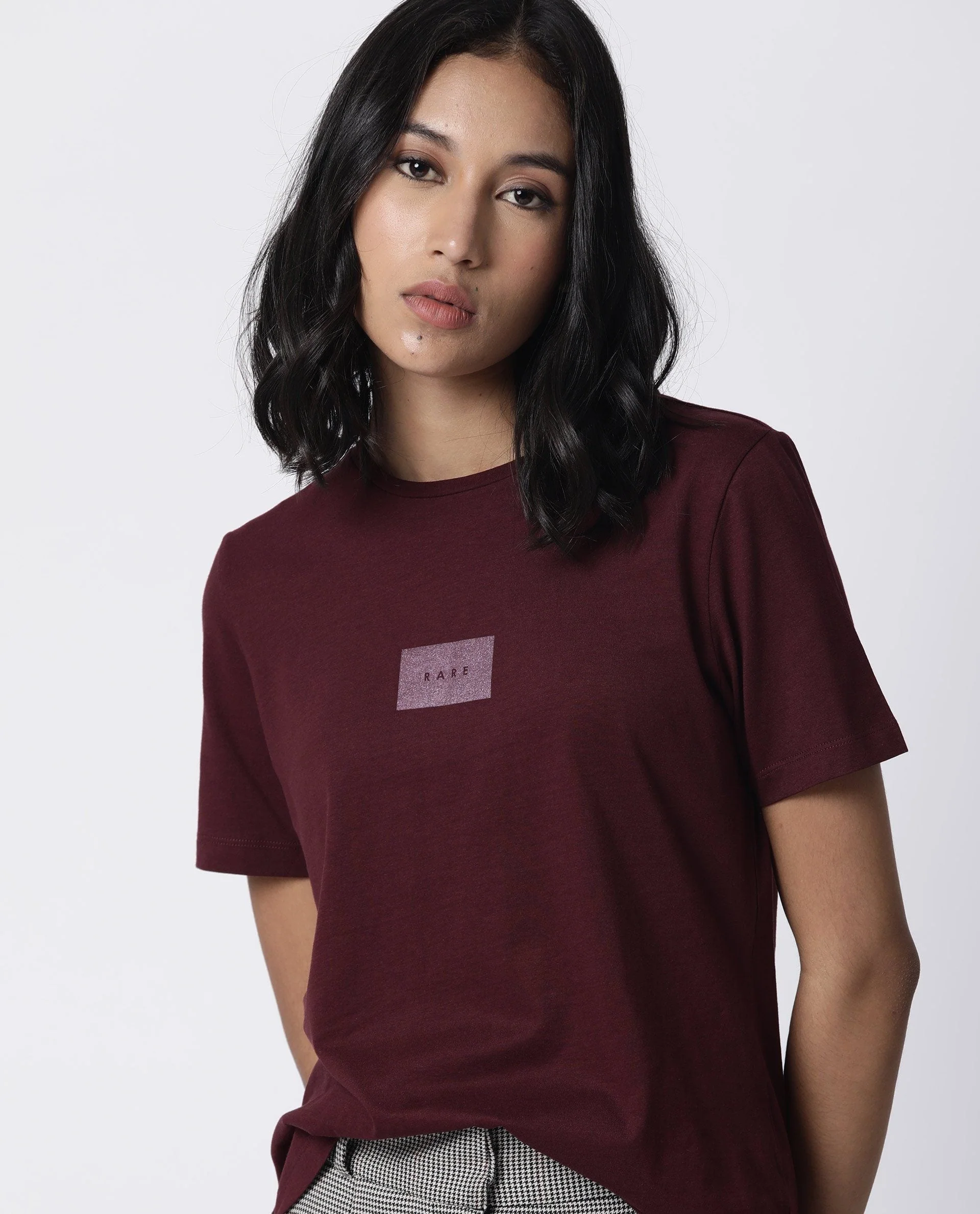 Rareism Womens Luani Maroon T-Shirt Supima Cotton Fabric Slim Fit Round Neck - Image 5