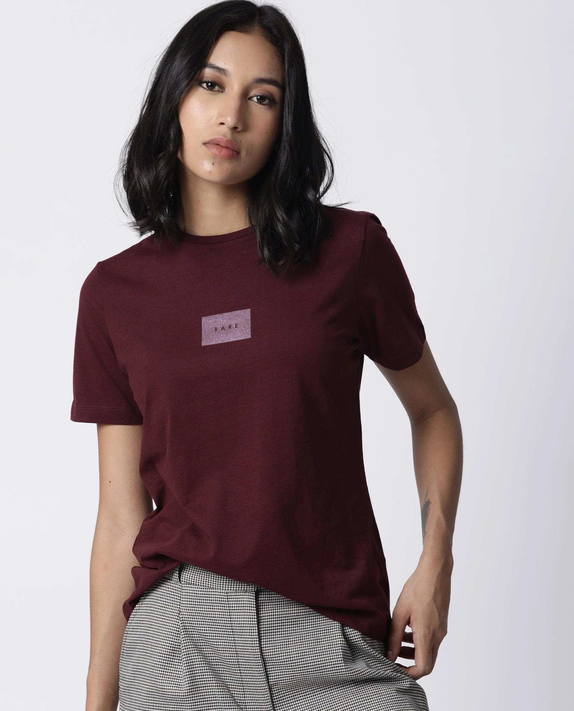 Rareism Womens Luani Maroon T-Shirt Supima Cotton Fabric Slim Fit Round Neck - Image 6