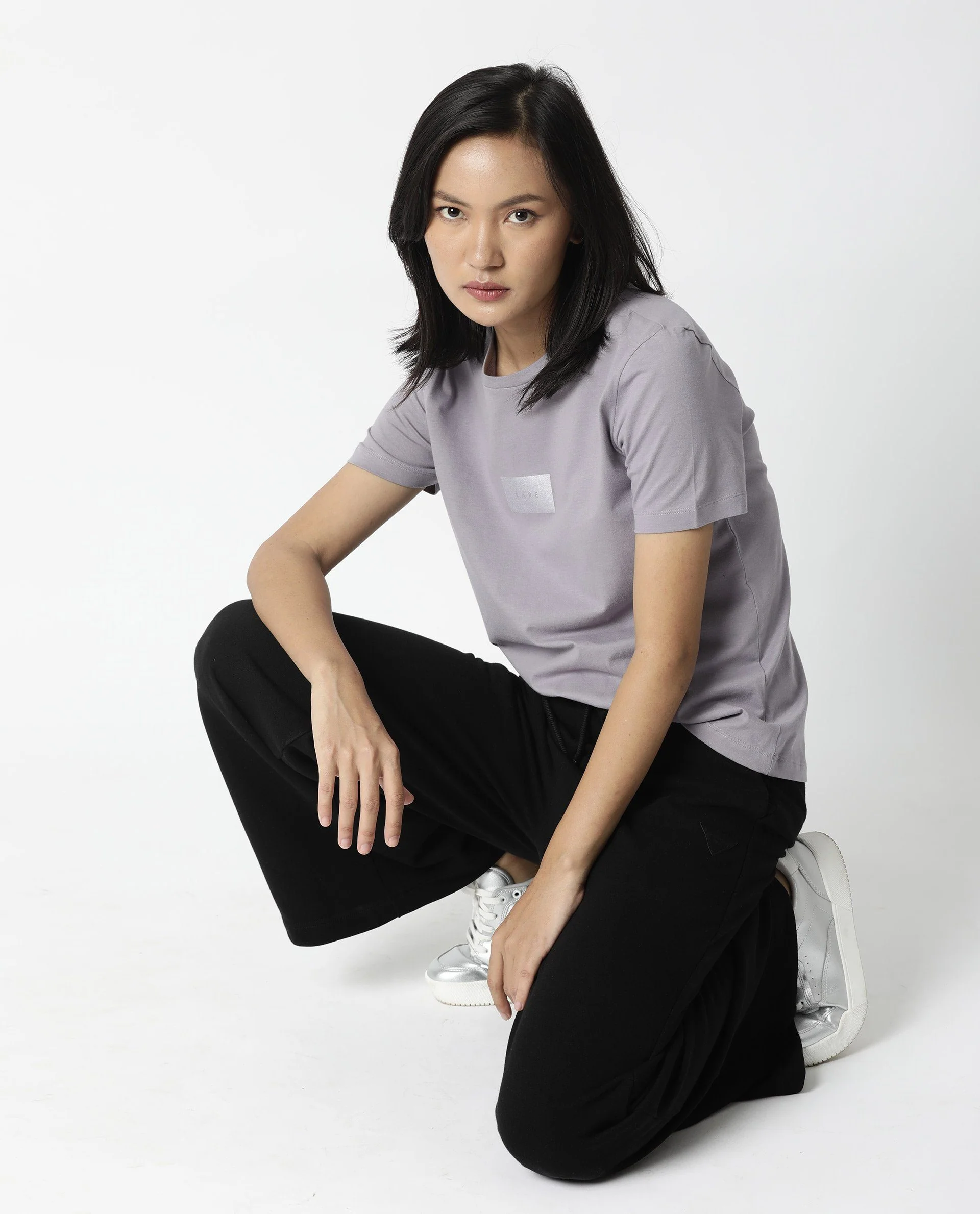 Rareism Womens Luani Lilac T-Shirt Supima Cotton Fabric Slim Fit Round Neck