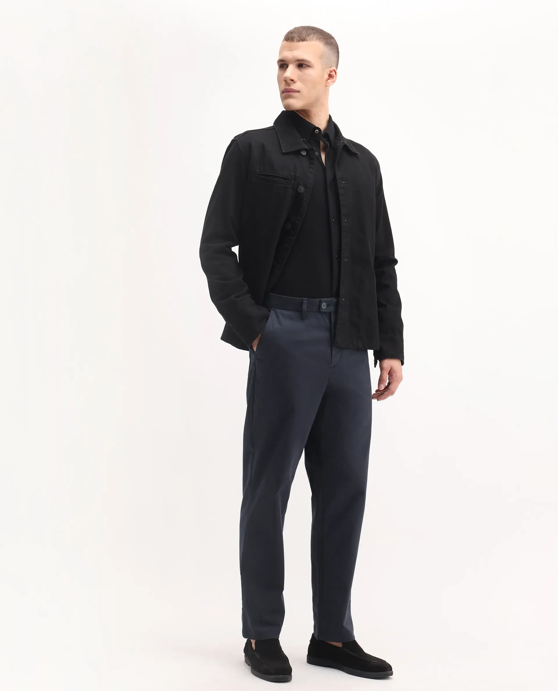 Rare Rabbit Men's Lubeck Navy Cotton Plain Relaxed Fit Trouser