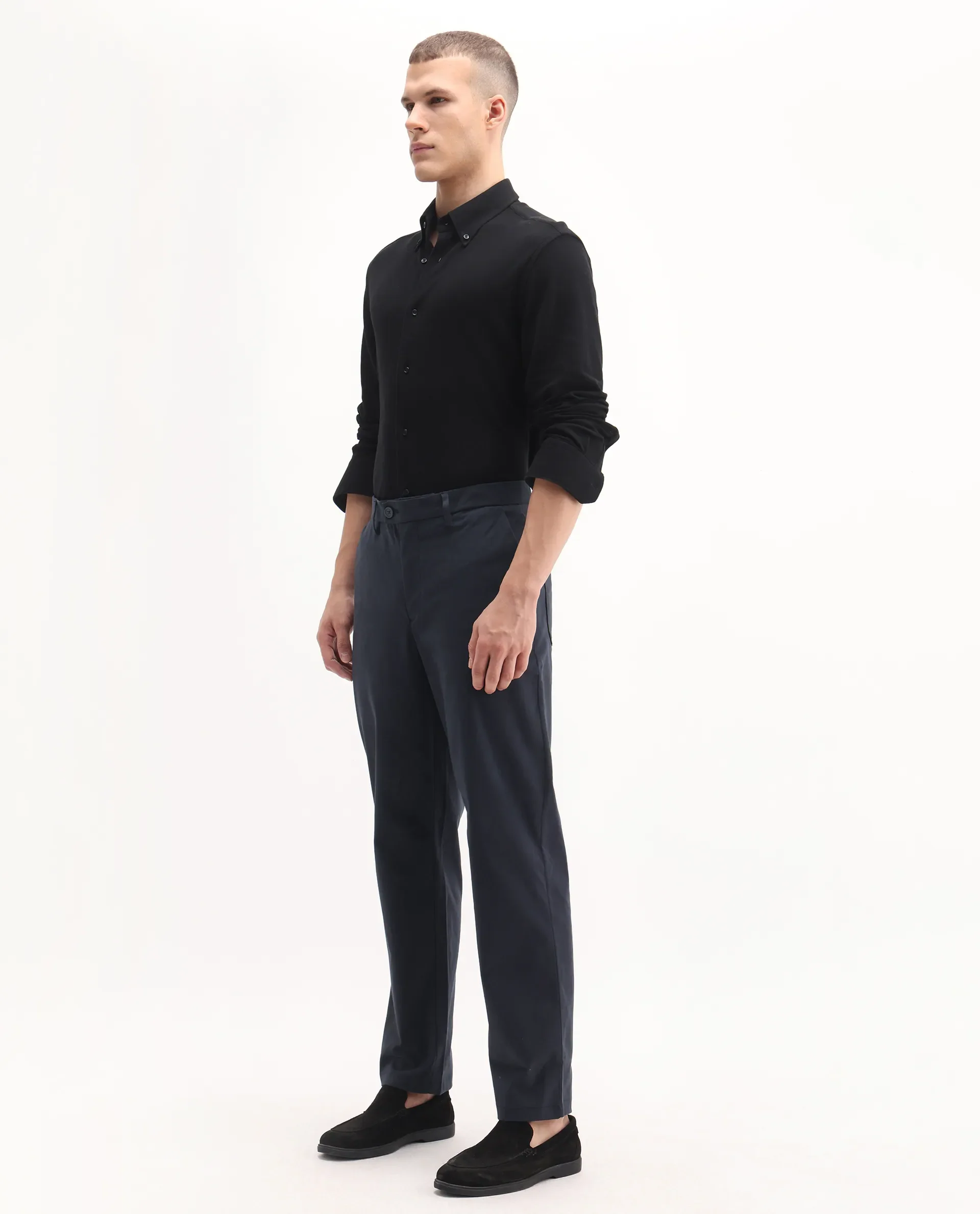 Rare Rabbit Men's Lubeck Navy Cotton Plain Relaxed Fit Trouser - Image 4