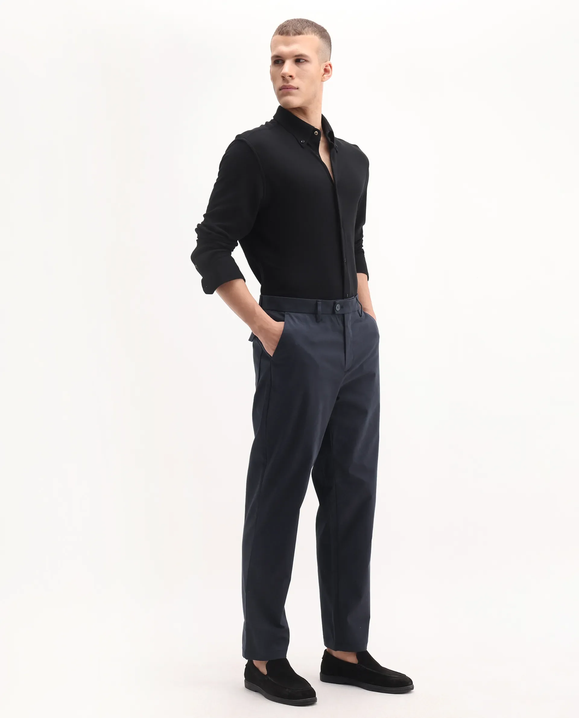 Rare Rabbit Men's Lubeck Navy Cotton Plain Relaxed Fit Trouser - Image 5