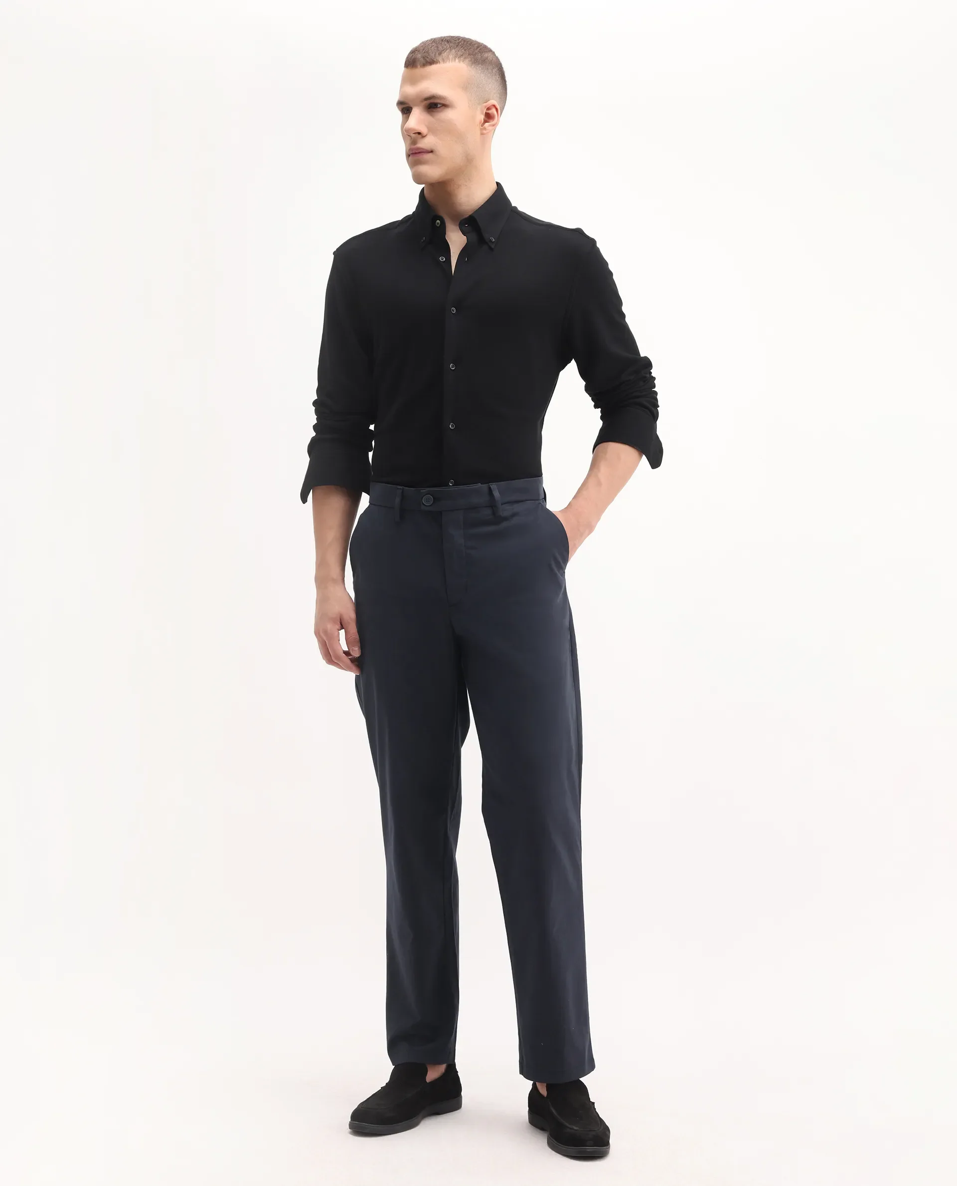 Rare Rabbit Men's Lubeck Navy Cotton Plain Relaxed Fit Trouser - Image 7