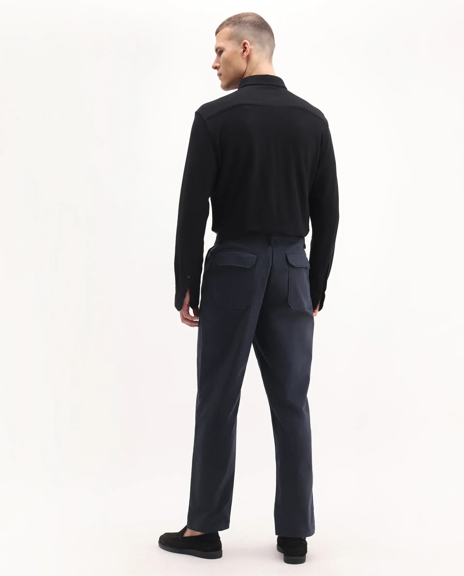 Rare Rabbit Men's Lubeck Navy Cotton Plain Relaxed Fit Trouser - Image 8