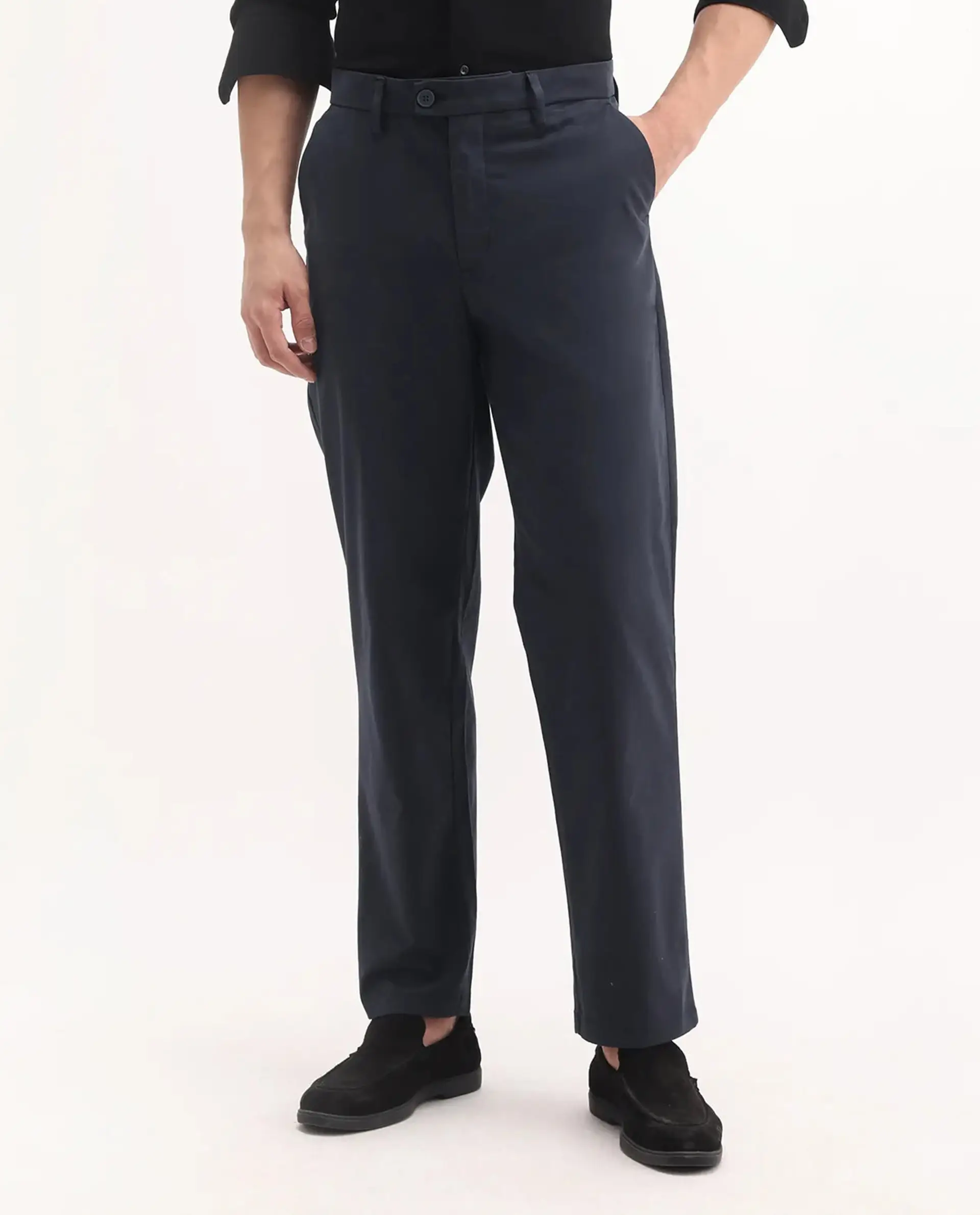 Rare Rabbit Men's Lubeck Navy Cotton Plain Relaxed Fit Trouser - Image 9