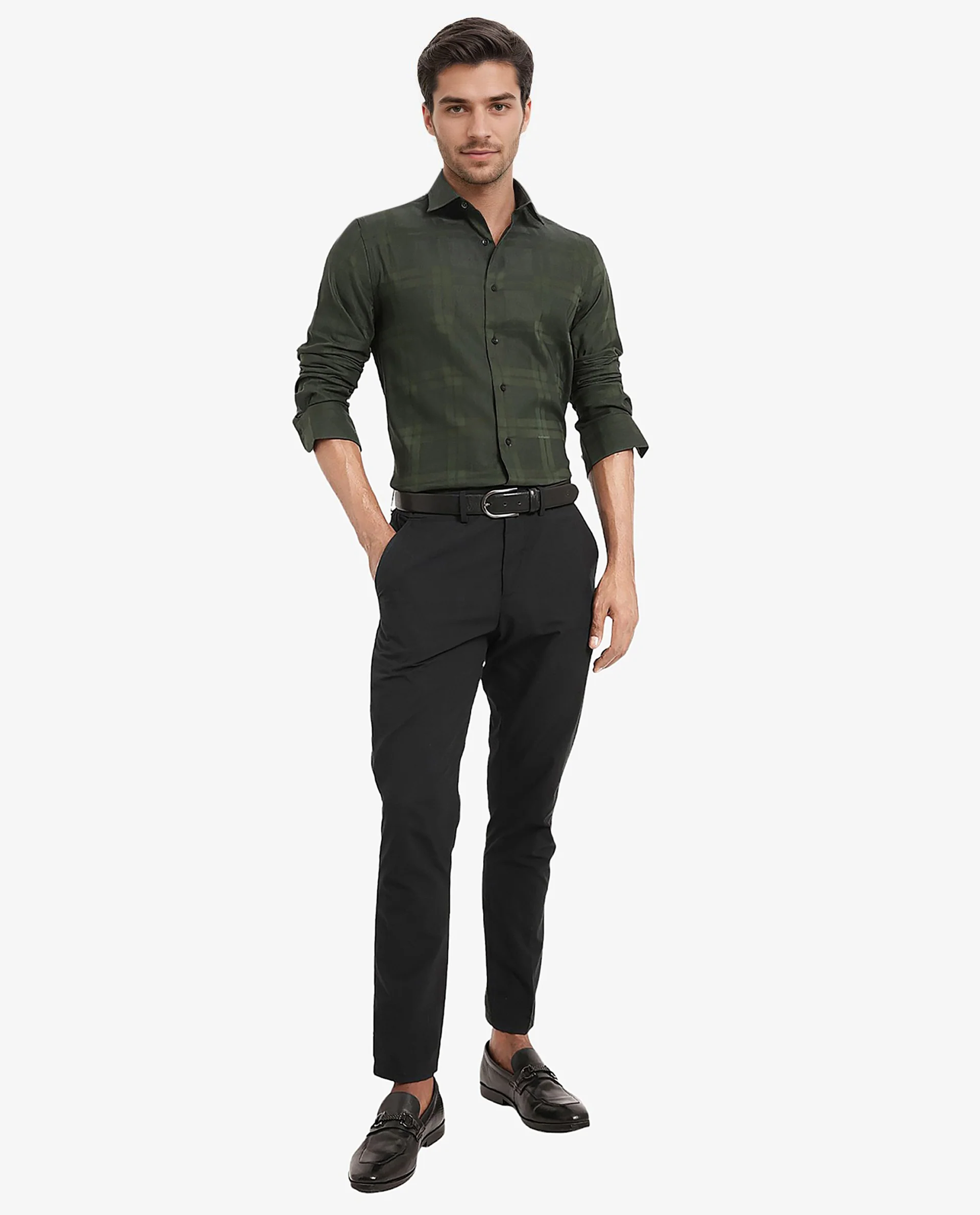 Rare Rabbit Men's Lubin Dark Green Cotton Checked Print Regular Fit Full Sleeve Collared Shirt - Image 2