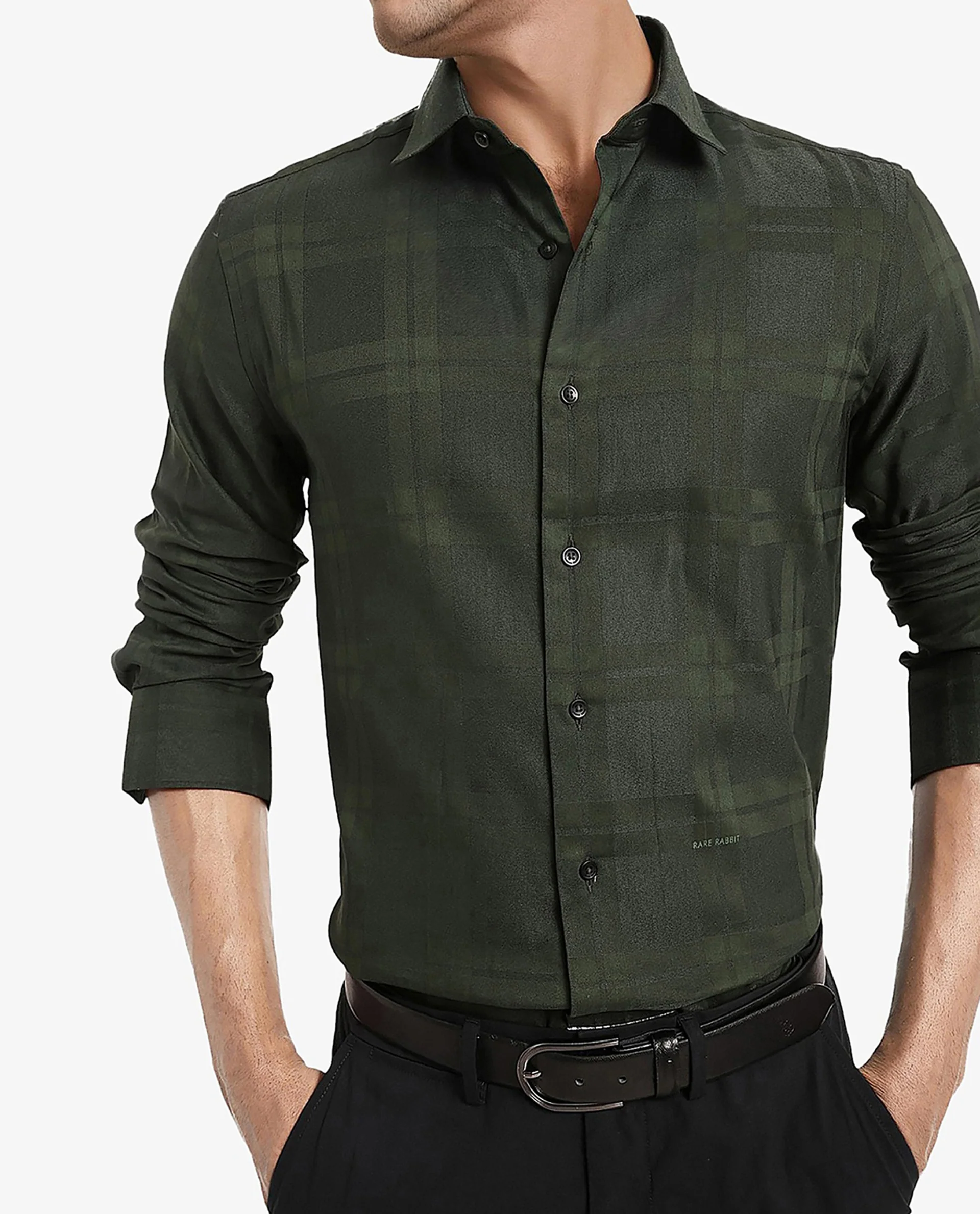 Rare Rabbit Men's Lubin Dark Green Cotton Checked Print Regular Fit Full Sleeve Collared Shirt - Image 3