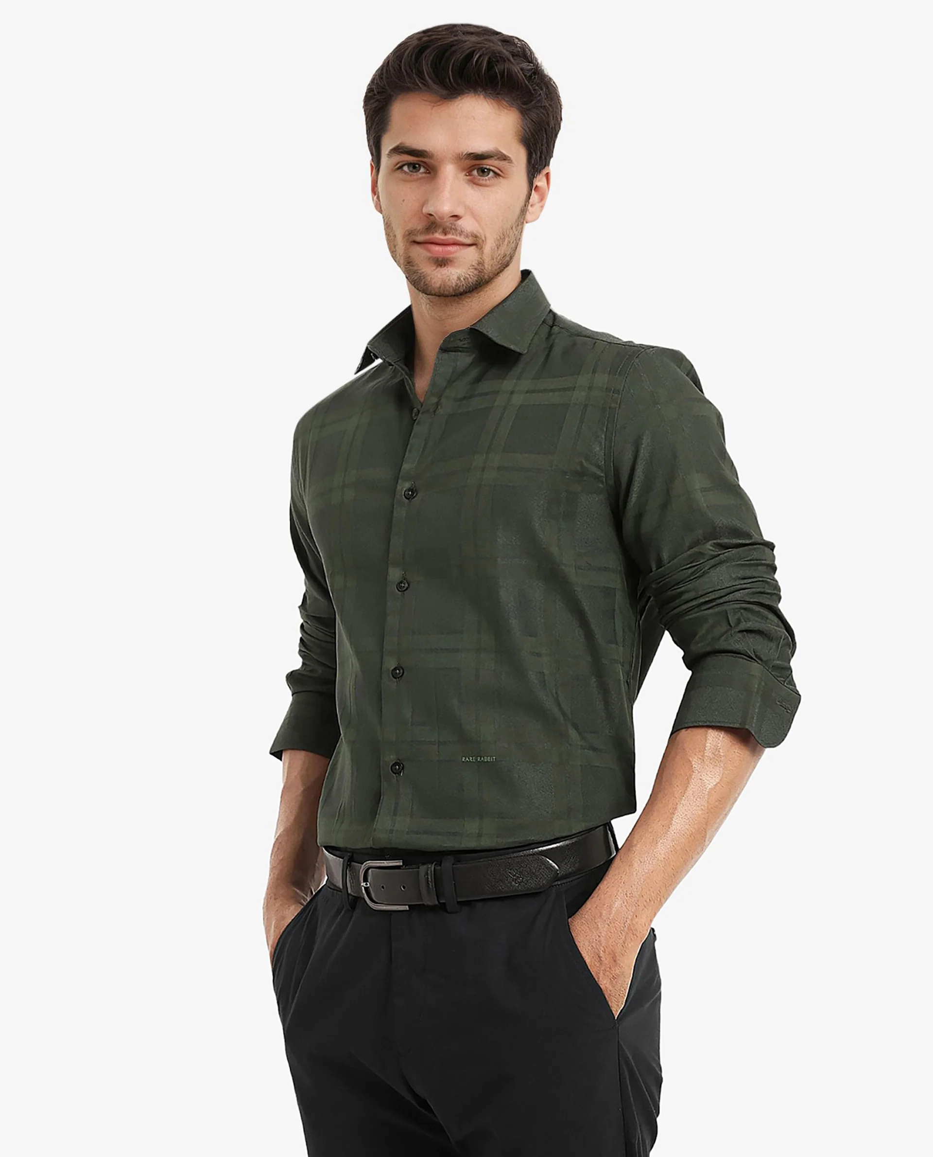 Rare Rabbit Men's Lubin Dark Green Cotton Checked Print Regular Fit Full Sleeve Collared Shirt - Image 7