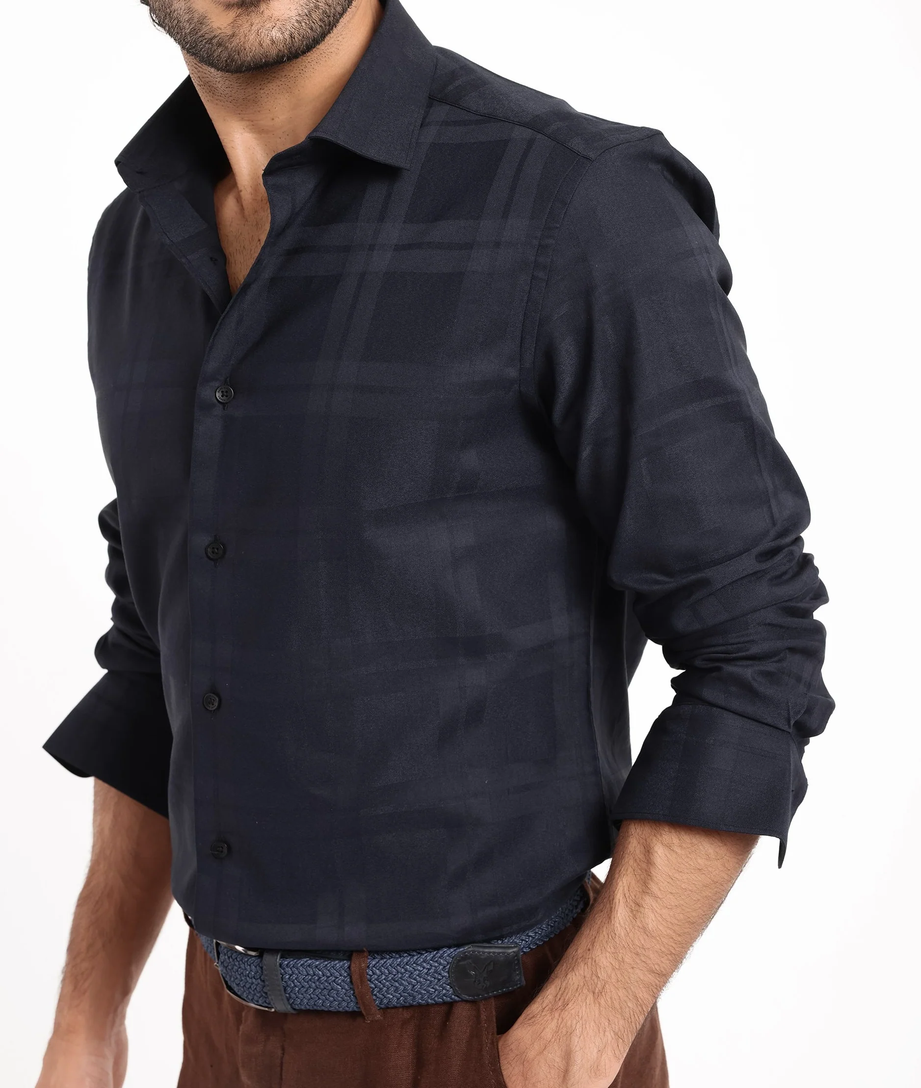 Rare Rabbit Men's Lubin Navy Cotton Checked Print Regular Fit Full Sleeve Collared Shirt - Image 4