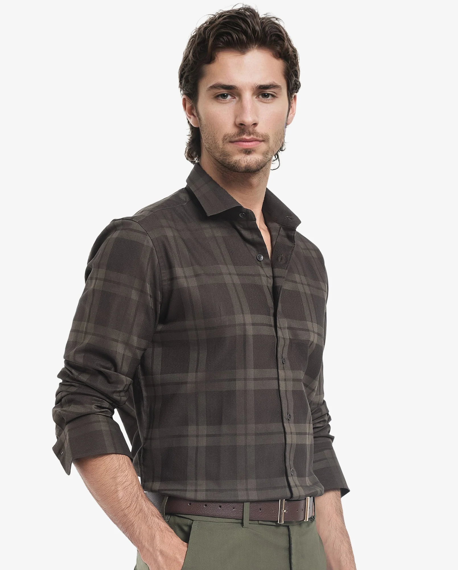 Rare Rabbit Men's Lubin Olive Cotton Checked Print Regular Fit Full Sleeve Collared Shirt - Image 3