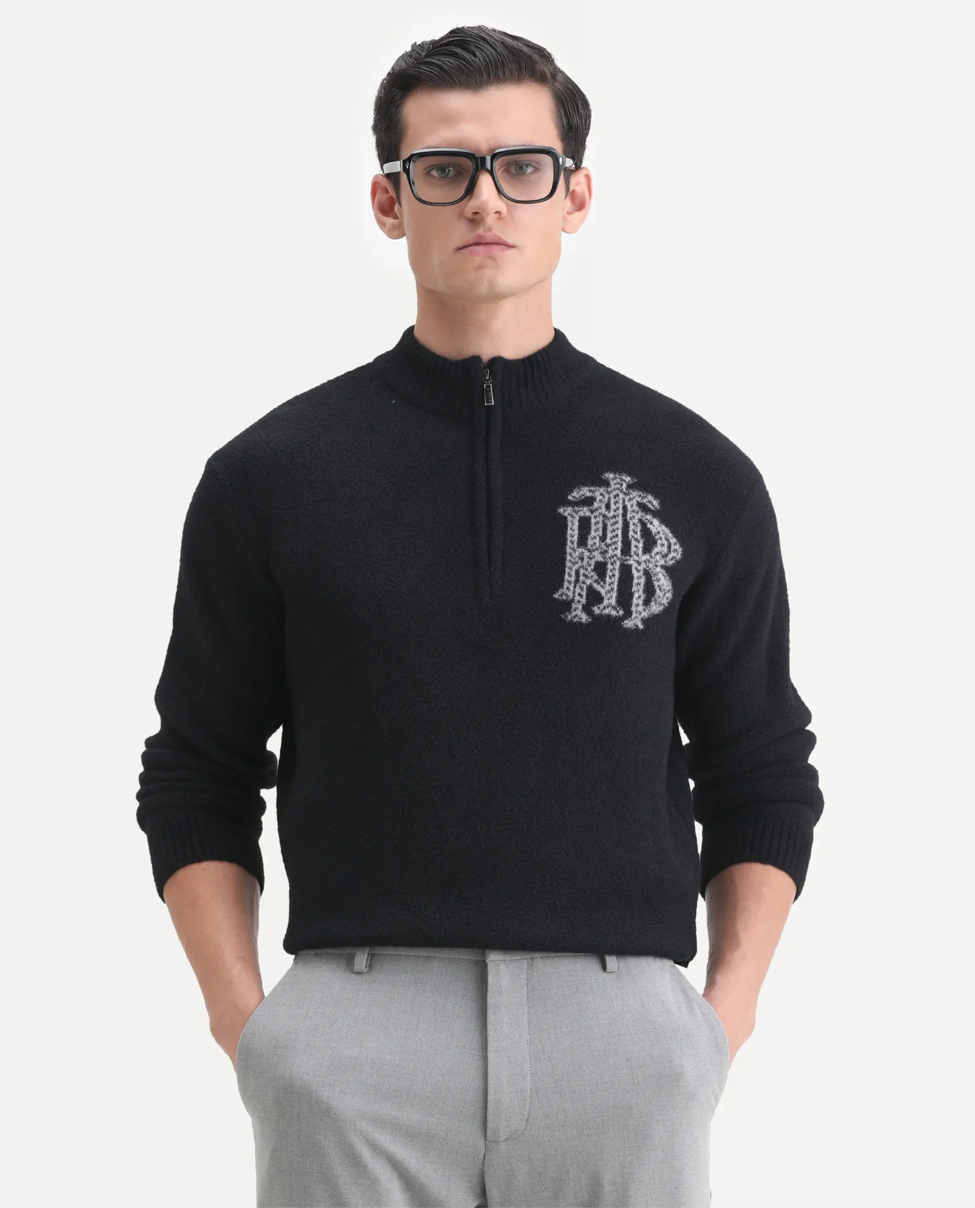 Rare Rabbit Men's Luca Black Nylon Fabric Full Sleeve High Neck Monogram Print Sweater