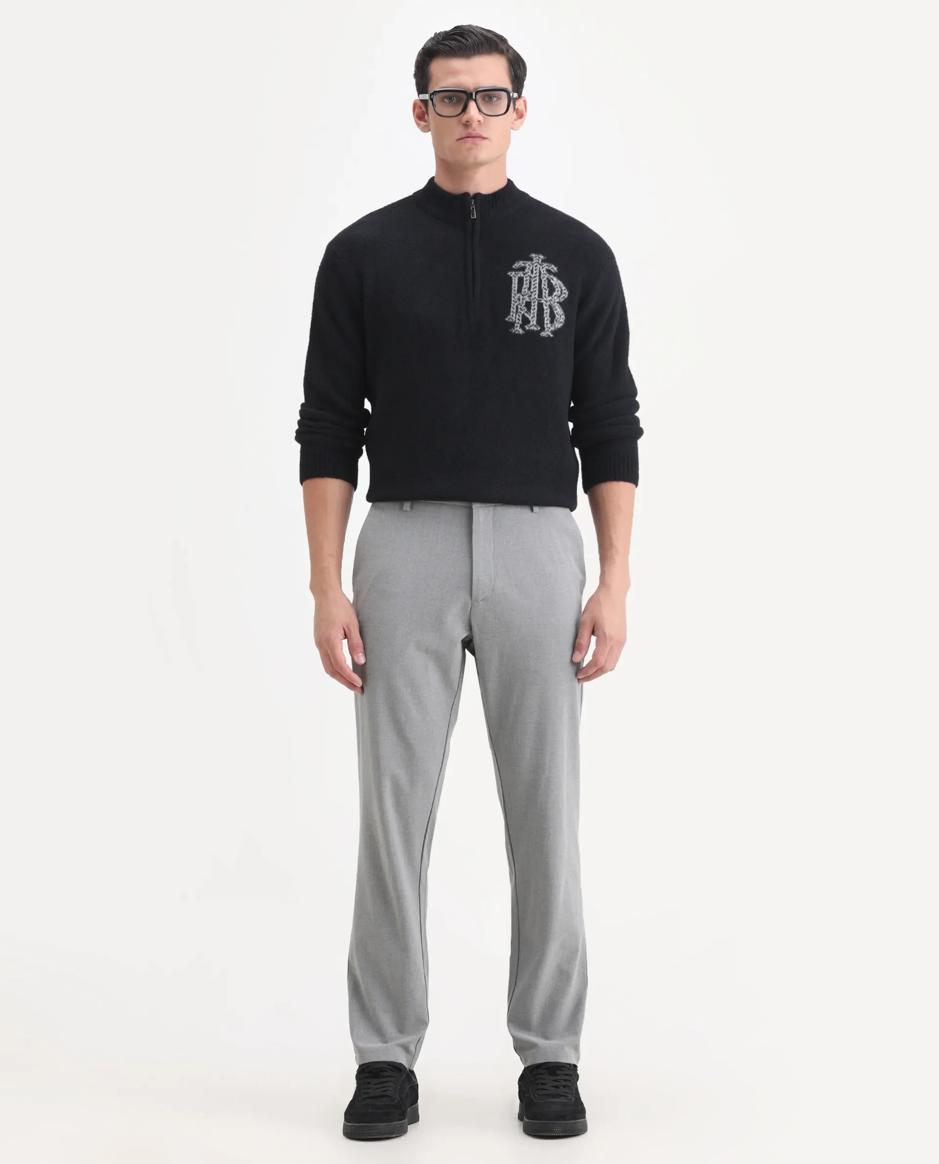 Rare Rabbit Men's Luca Black Nylon Fabric Full Sleeve High Neck Monogram Print Sweater - Image 2