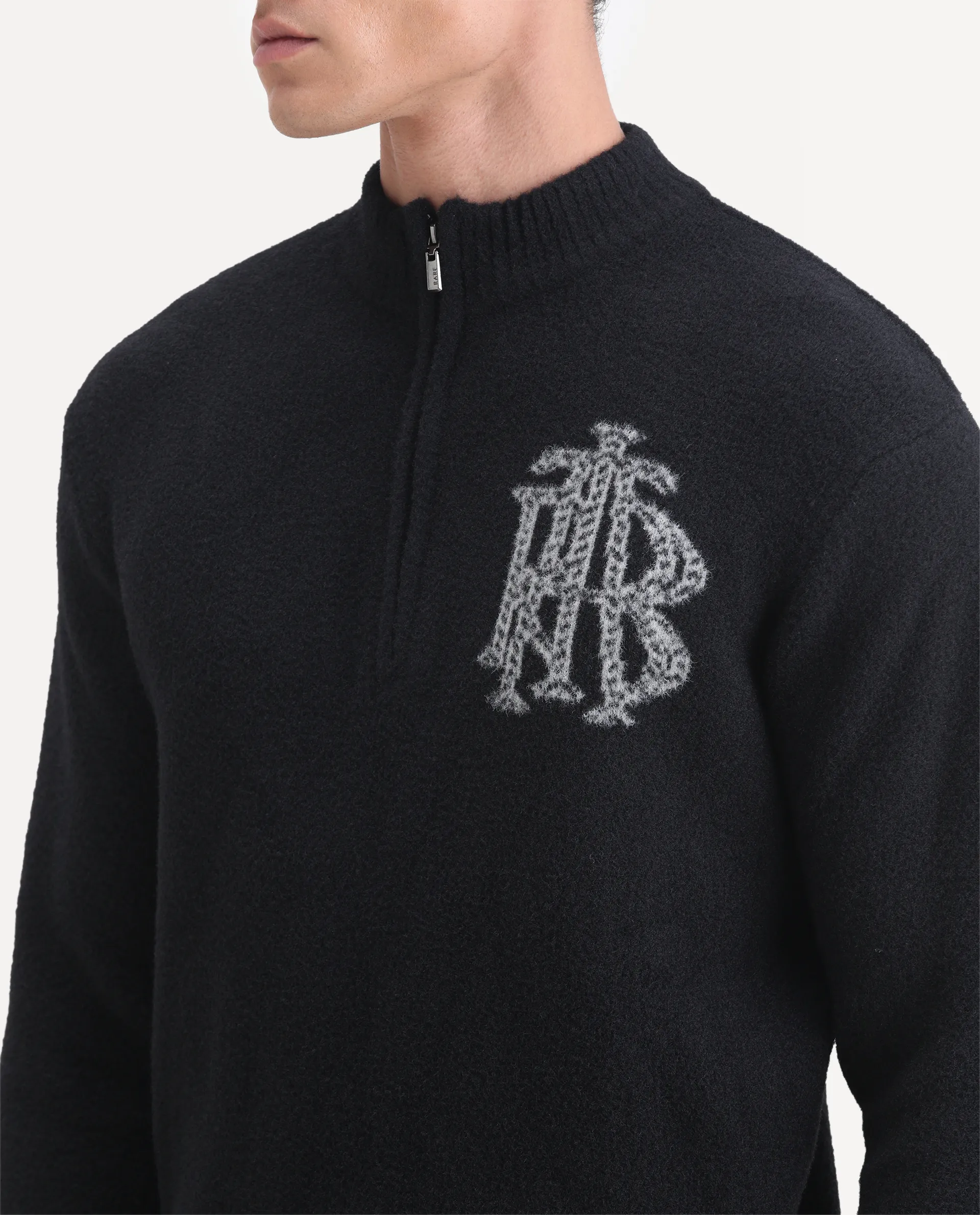 Rare Rabbit Men's Luca Black Nylon Fabric Full Sleeve High Neck Monogram Print Sweater - Image 3