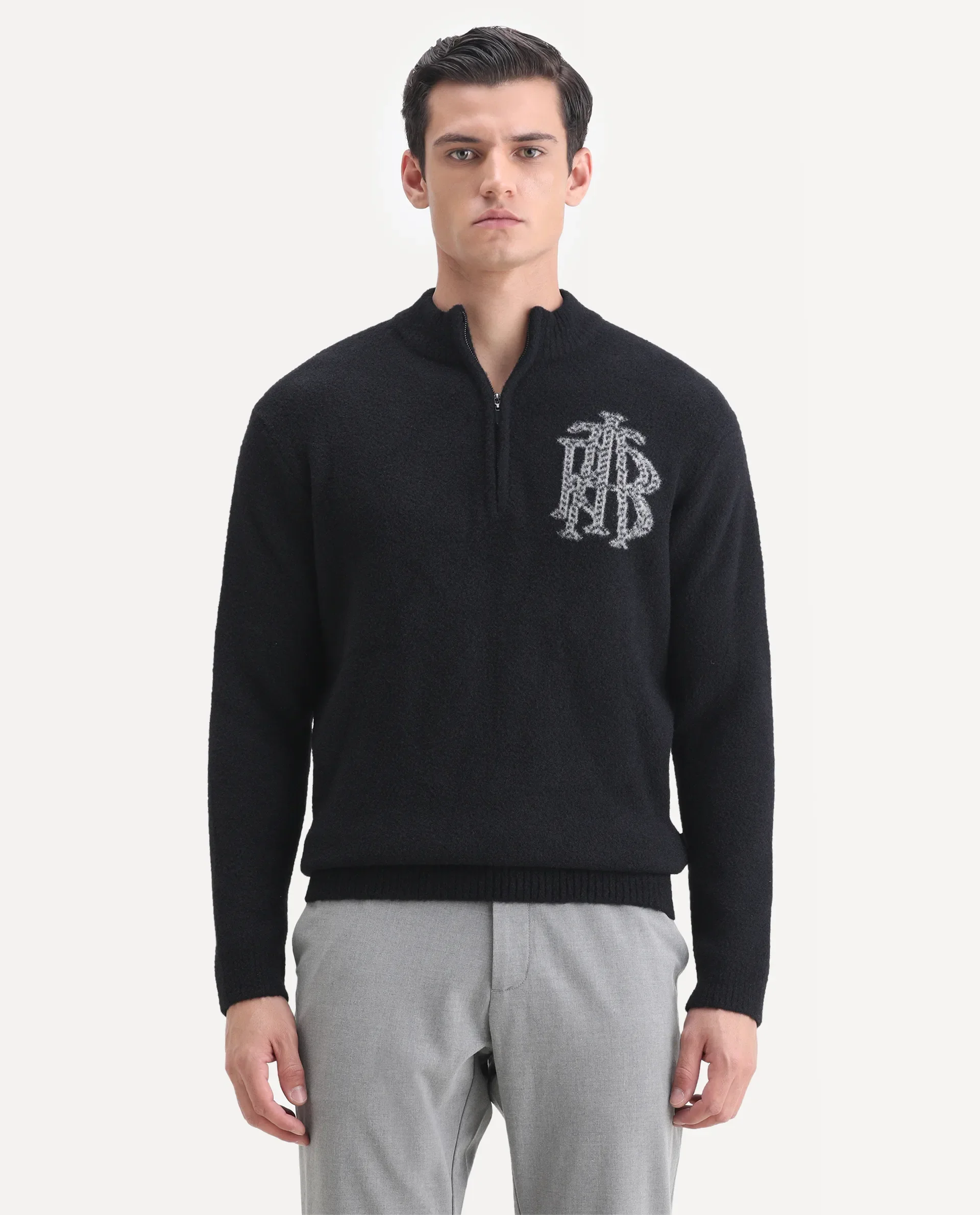 Rare Rabbit Men's Luca Black Nylon Fabric Full Sleeve High Neck Monogram Print Sweater - Image 4